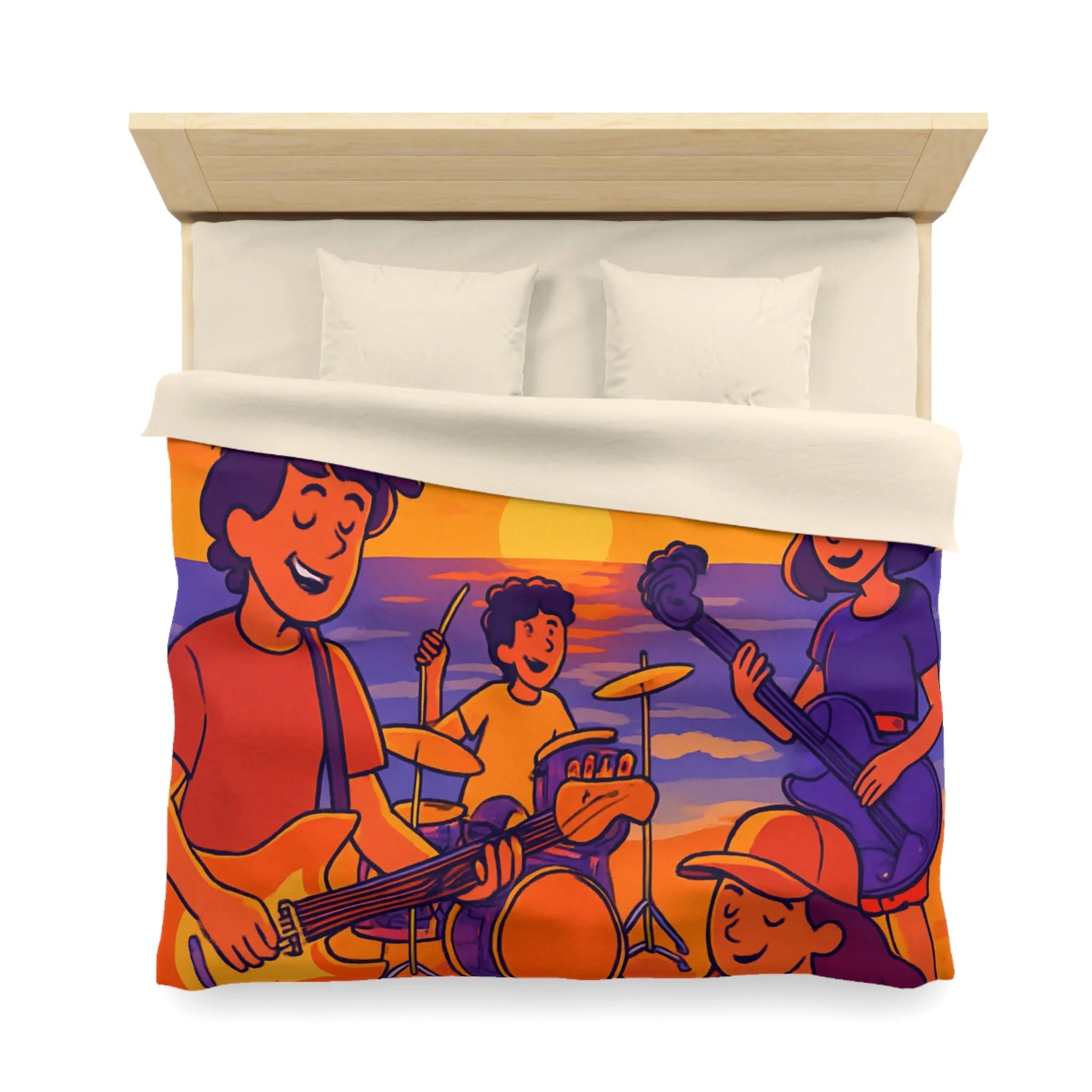 Housse de couette illustration plage coucher de soleil band rock ambiance musicale artistique