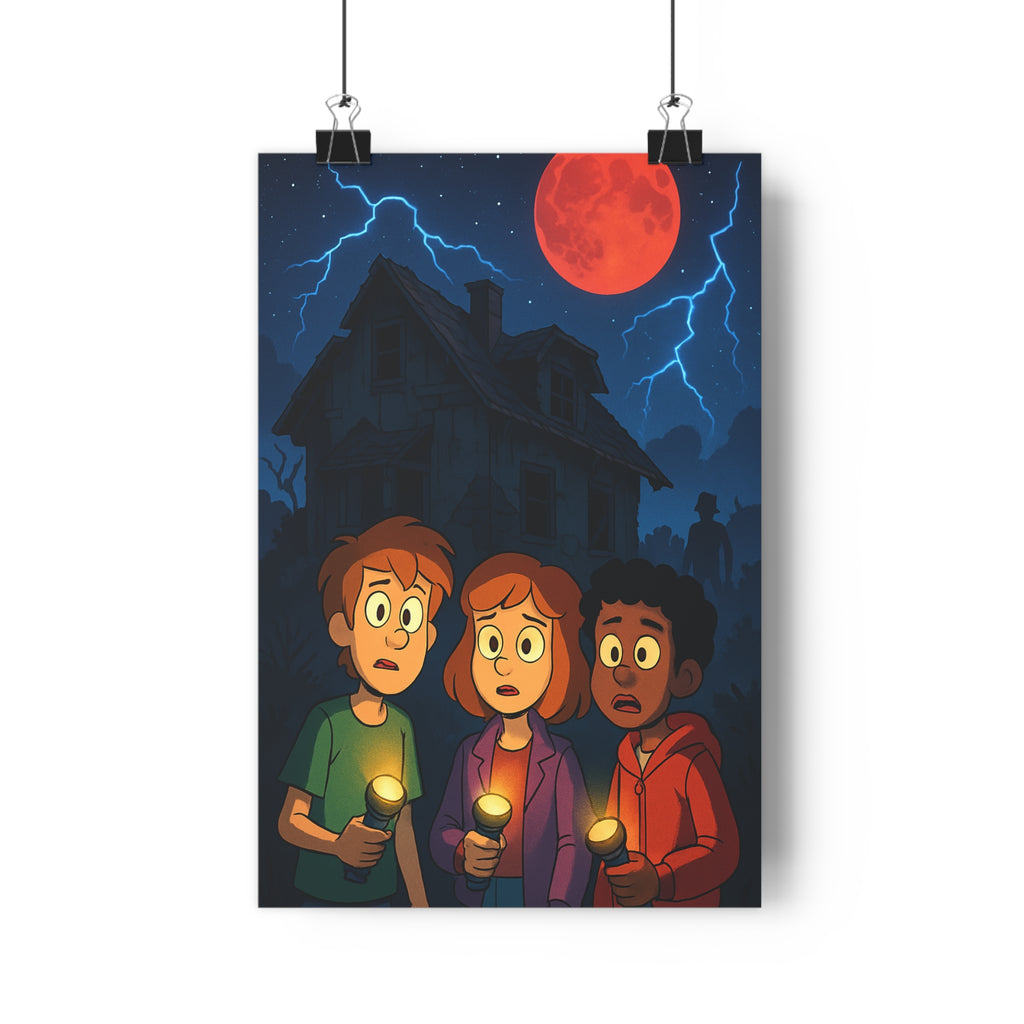 Poster décoratif enfants aventure cartoon mystérieux lune rouge éclairs chambre jeu intrigue 30x46 cm