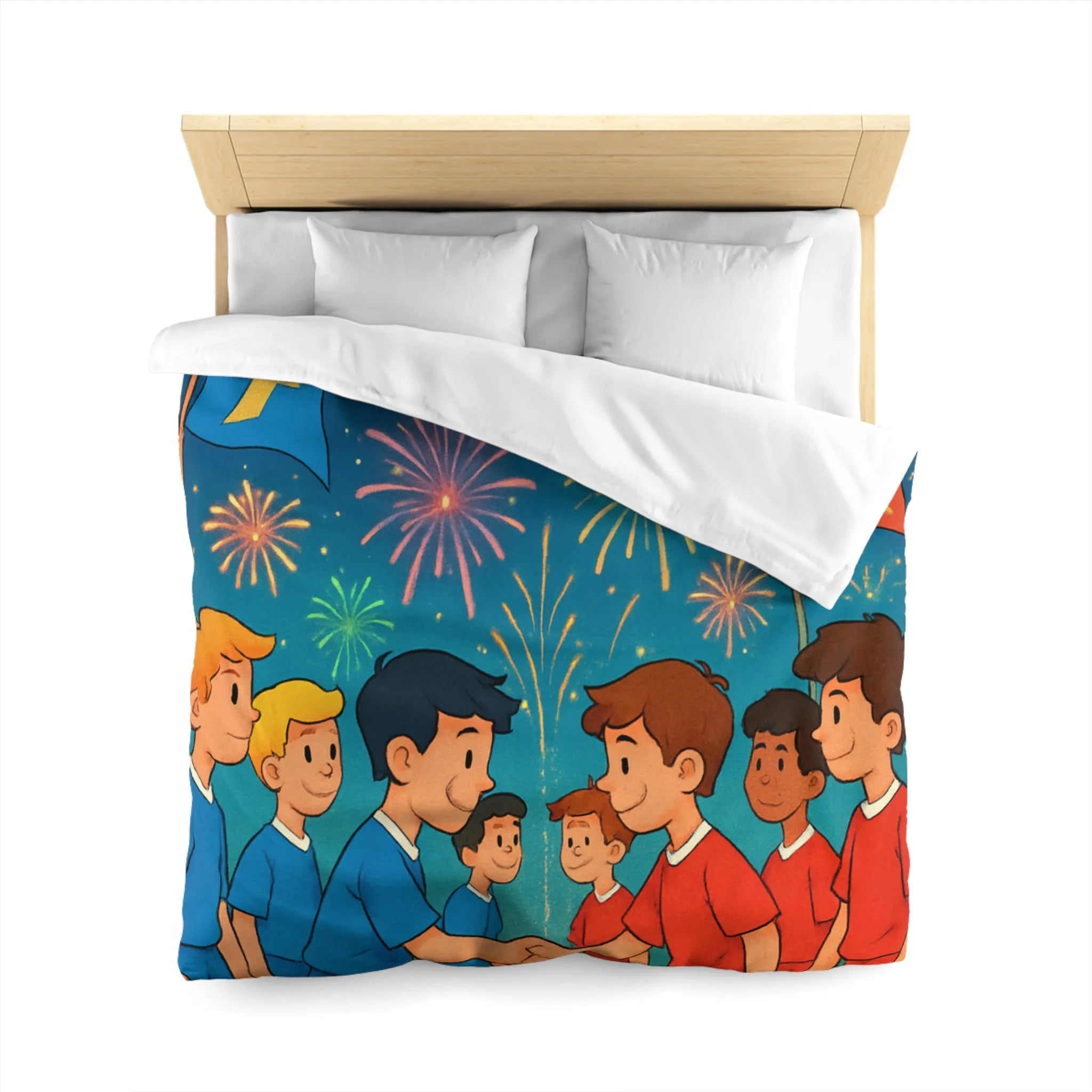 Housse de couette colorée inspirée du football avec feux d'artifice et équipe en action