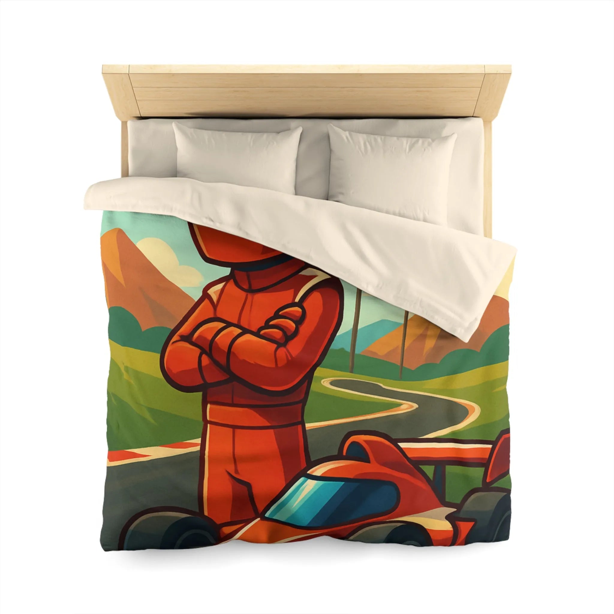 Housse de Couette avec Motif de Voiture de Course et Paysage Coloré pour Enfants