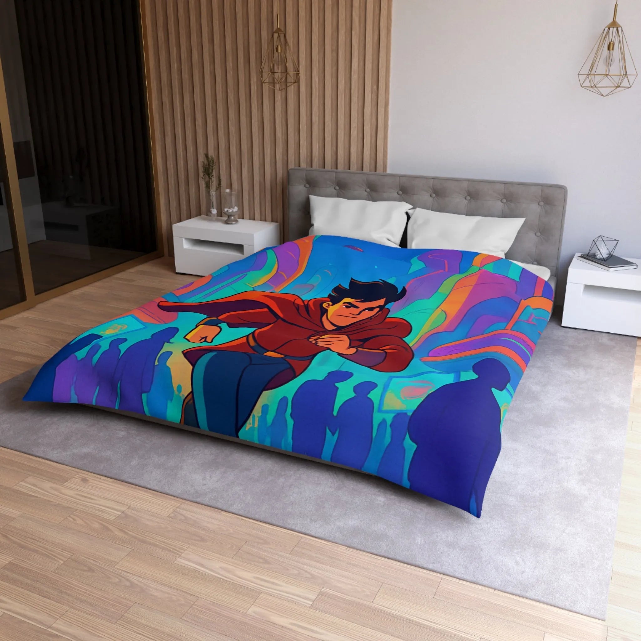 Housse de Couette avec Héros Futuriste Rouge Courant dans Ville Colorée et Dynamique