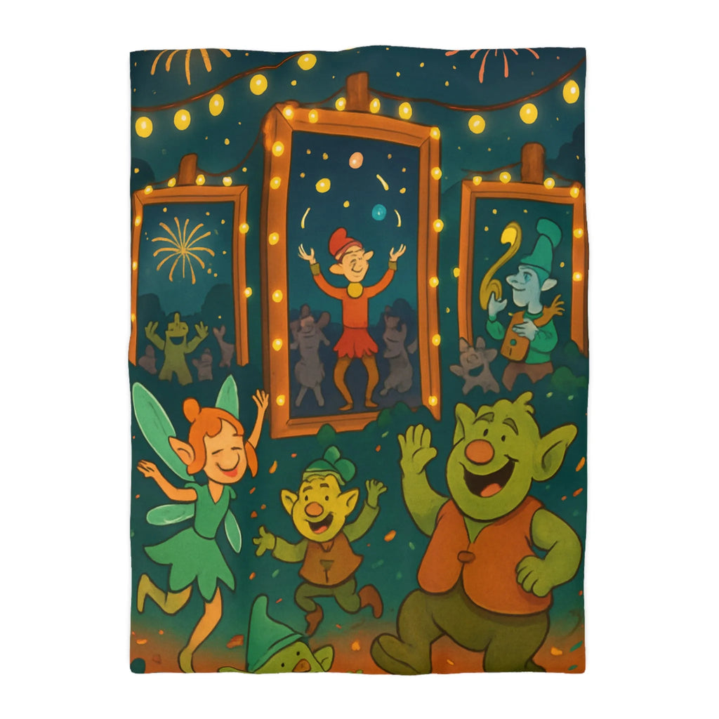 Housse de couette colorée avec lutins dans une fête enchantée sous feux d'artifice