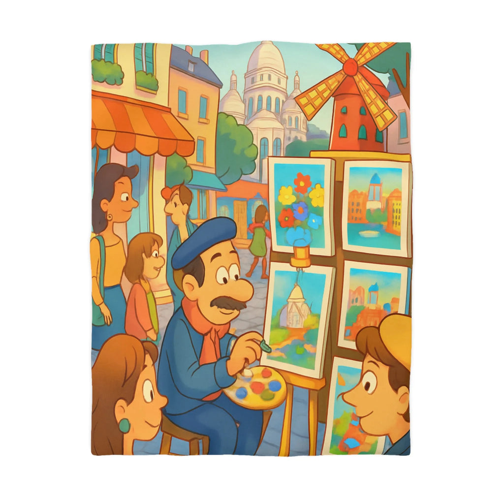 Housse de Couette Illustrée: Scène Parisienne Peintre et Moulin Rouge Enfants
