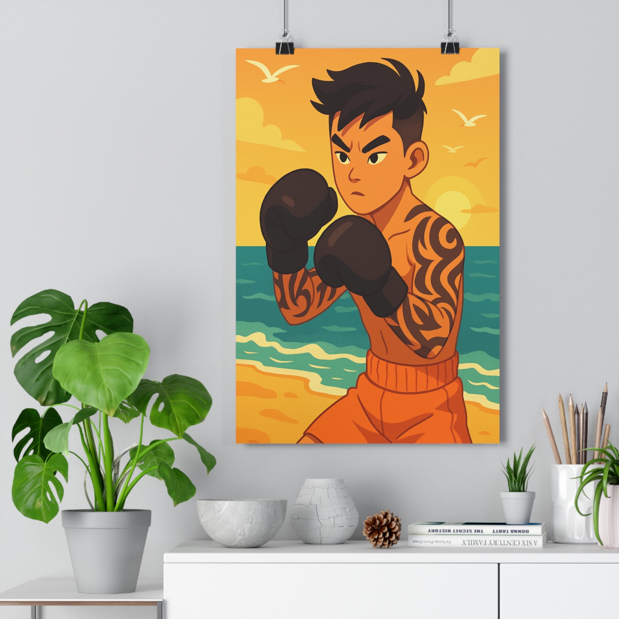Poster décoratif boxeur art anime orange turquoise énergique inspirant salon chambre bureau qualité premium