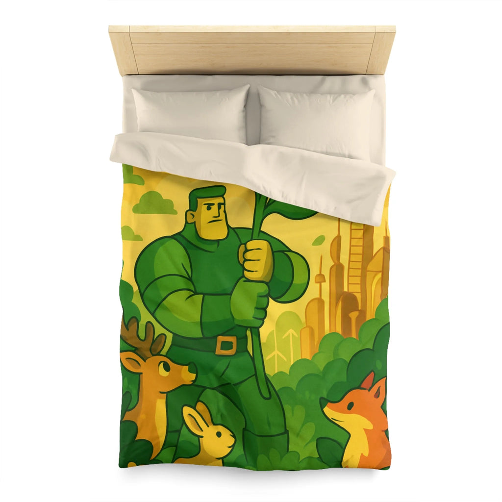 Housse de couette avec illustration végétale et animaux dans une ambiance futuriste naturelle