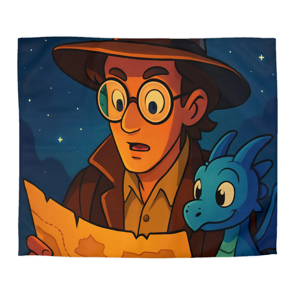 Aventure nocturne avec explorateur et dragon bleu sous planètes mystiques sur fond étoilé