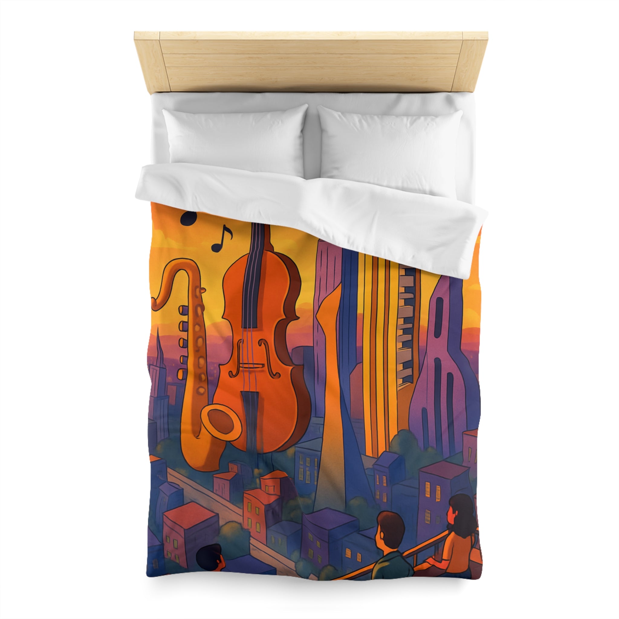 Housse de couette urbaine avec des instruments géants flottant au coucher de soleil vibrant