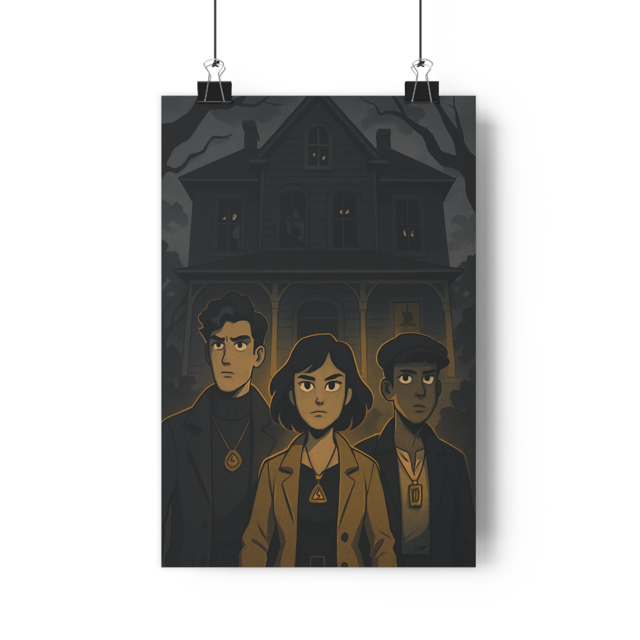 Poster décoratif cartoon mystique sombre jaune intrigant maison personnages salon chambre muralité design unique