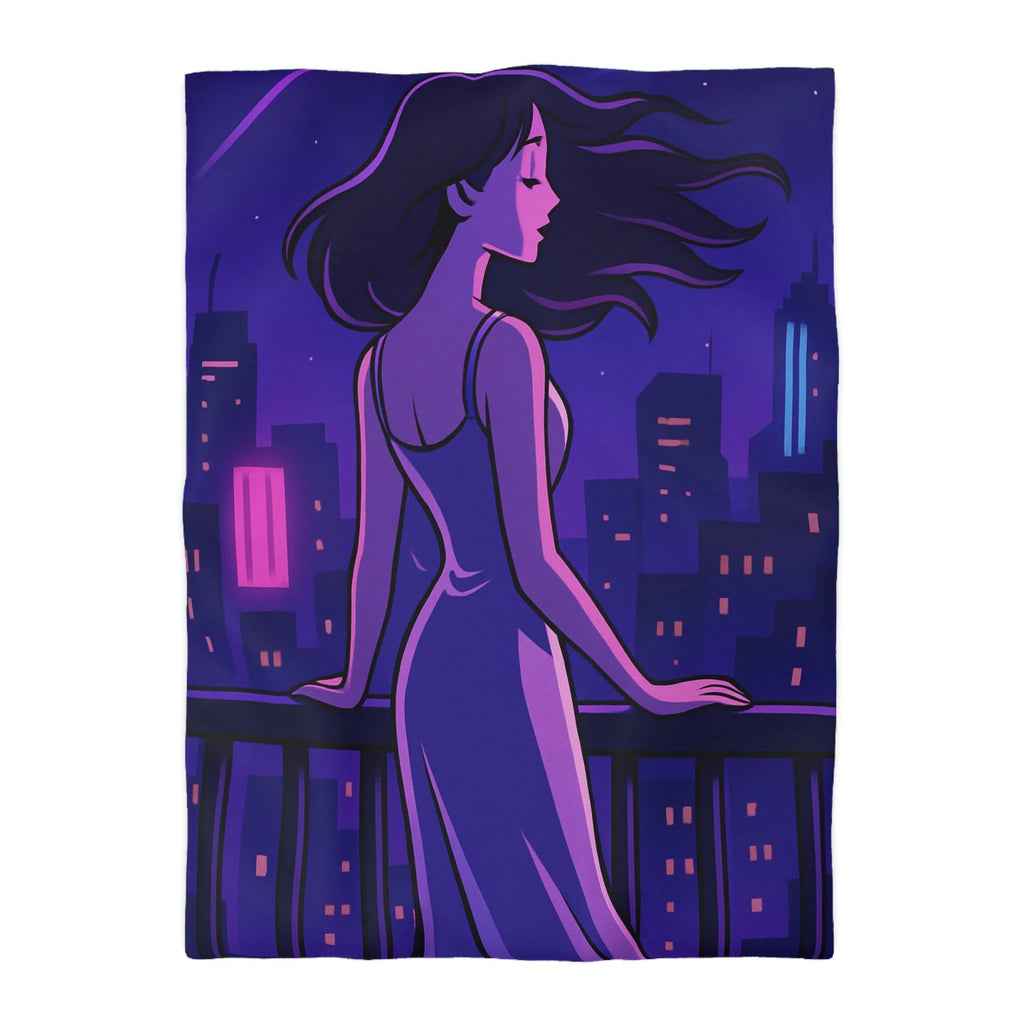 Housse de couette avec femme contemplant ville nocturne éclairée, style rétro futuriste animé