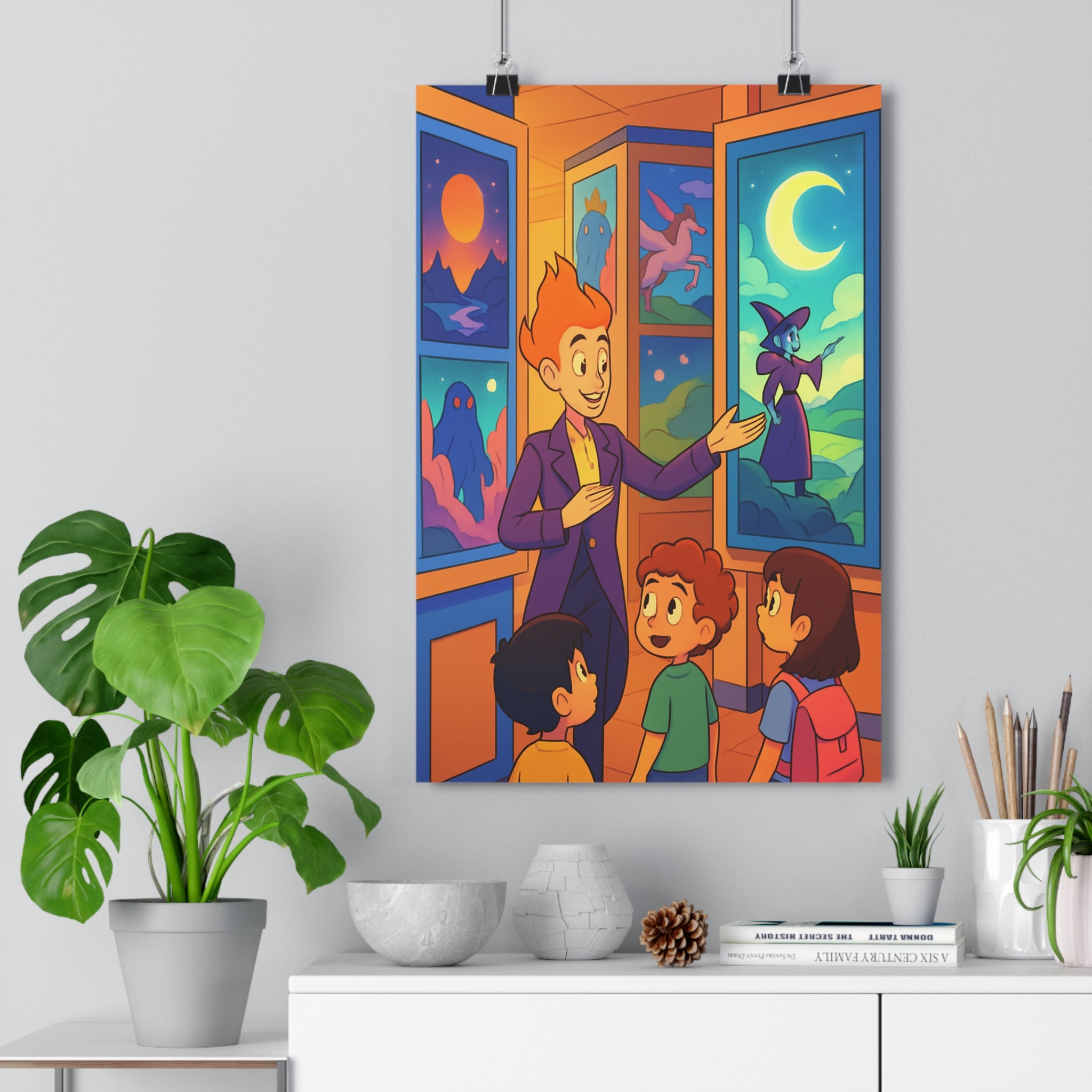 Poster décoratif animé boutique mystique enfants cheveux flamboyants montagne coucher soleil chambre enfant qualité
