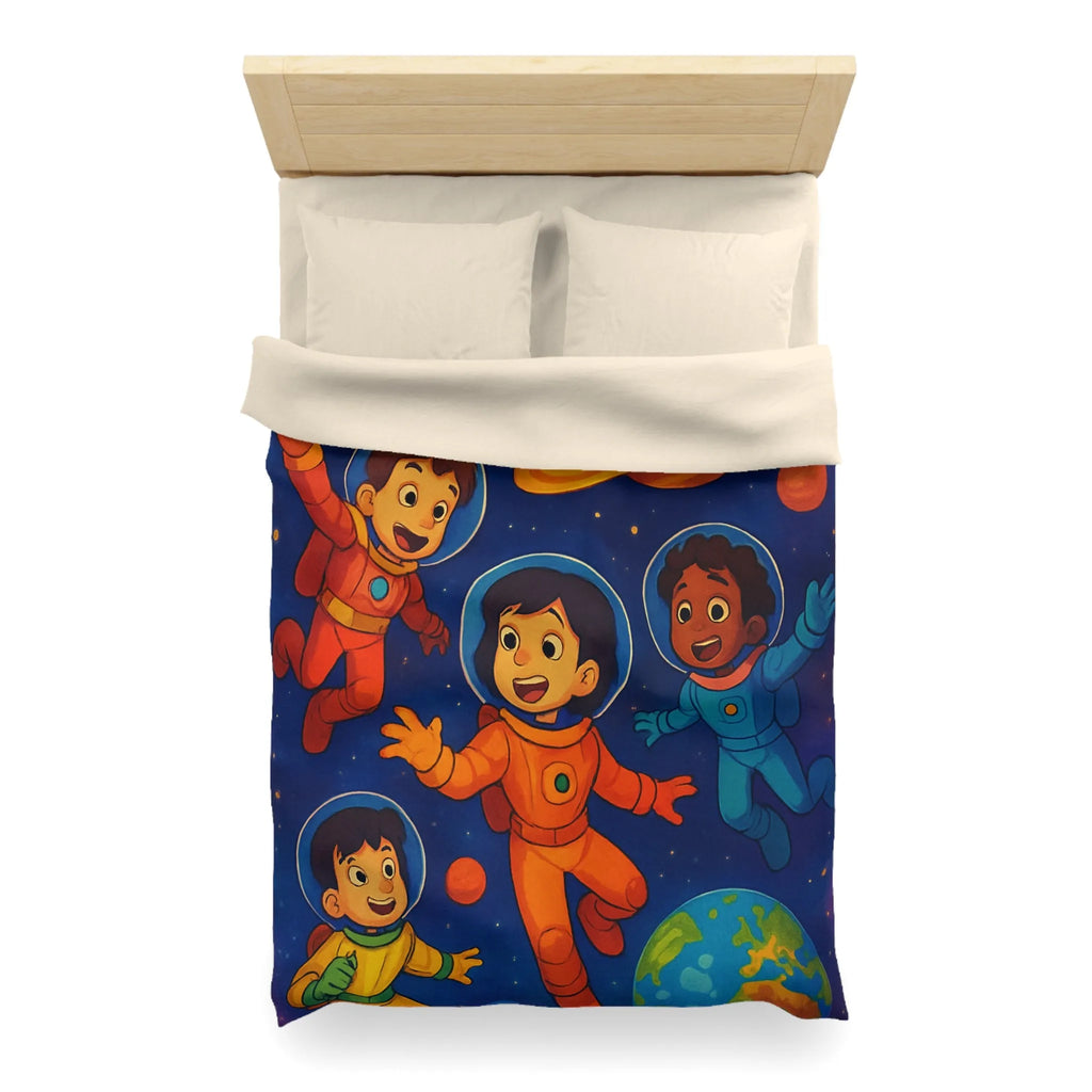 Housse de couette enfants avec astronautes joyeux flottant dans l'espace coloré et planètes