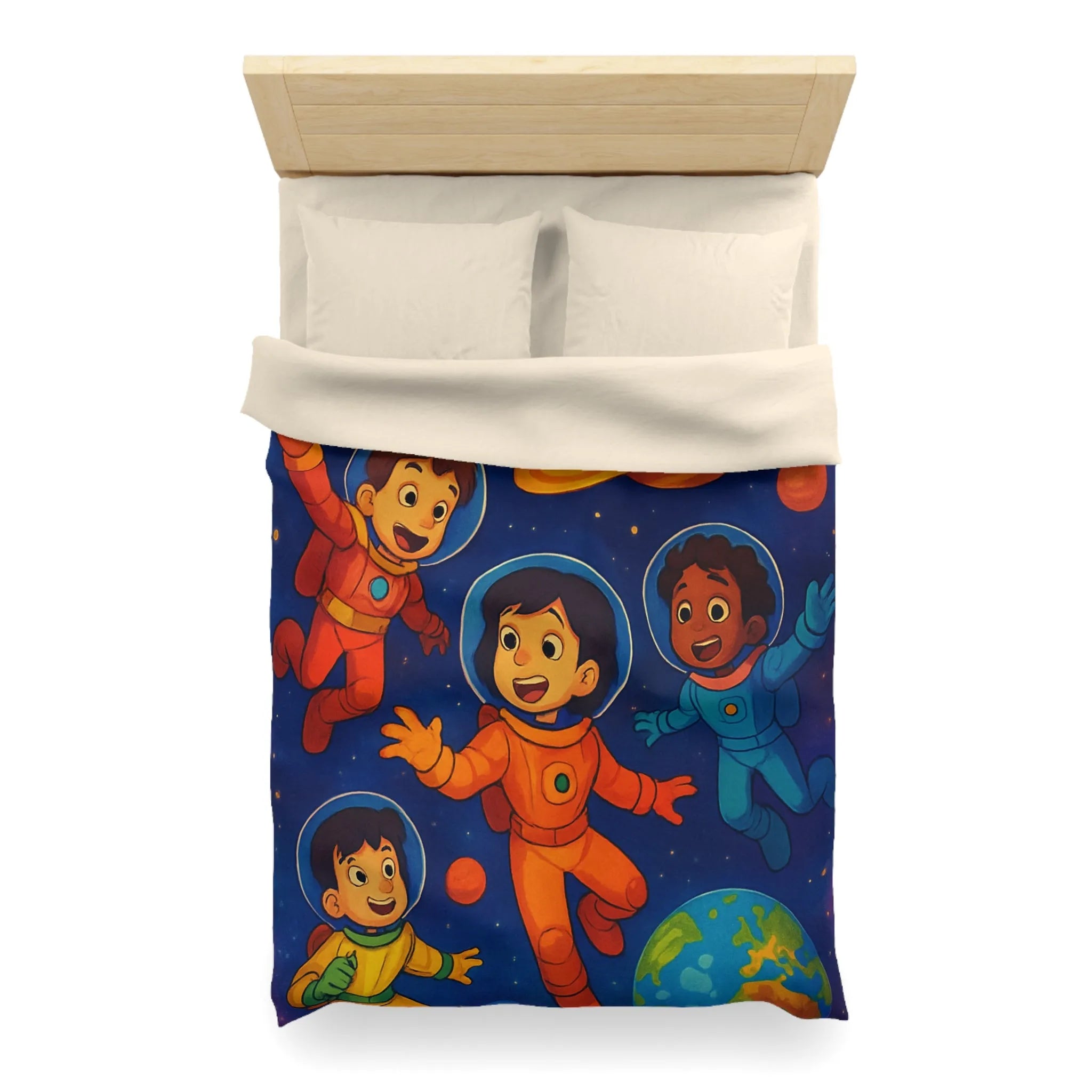 Housse de couette enfants avec astronautes joyeux flottant dans l'espace coloré et planètes