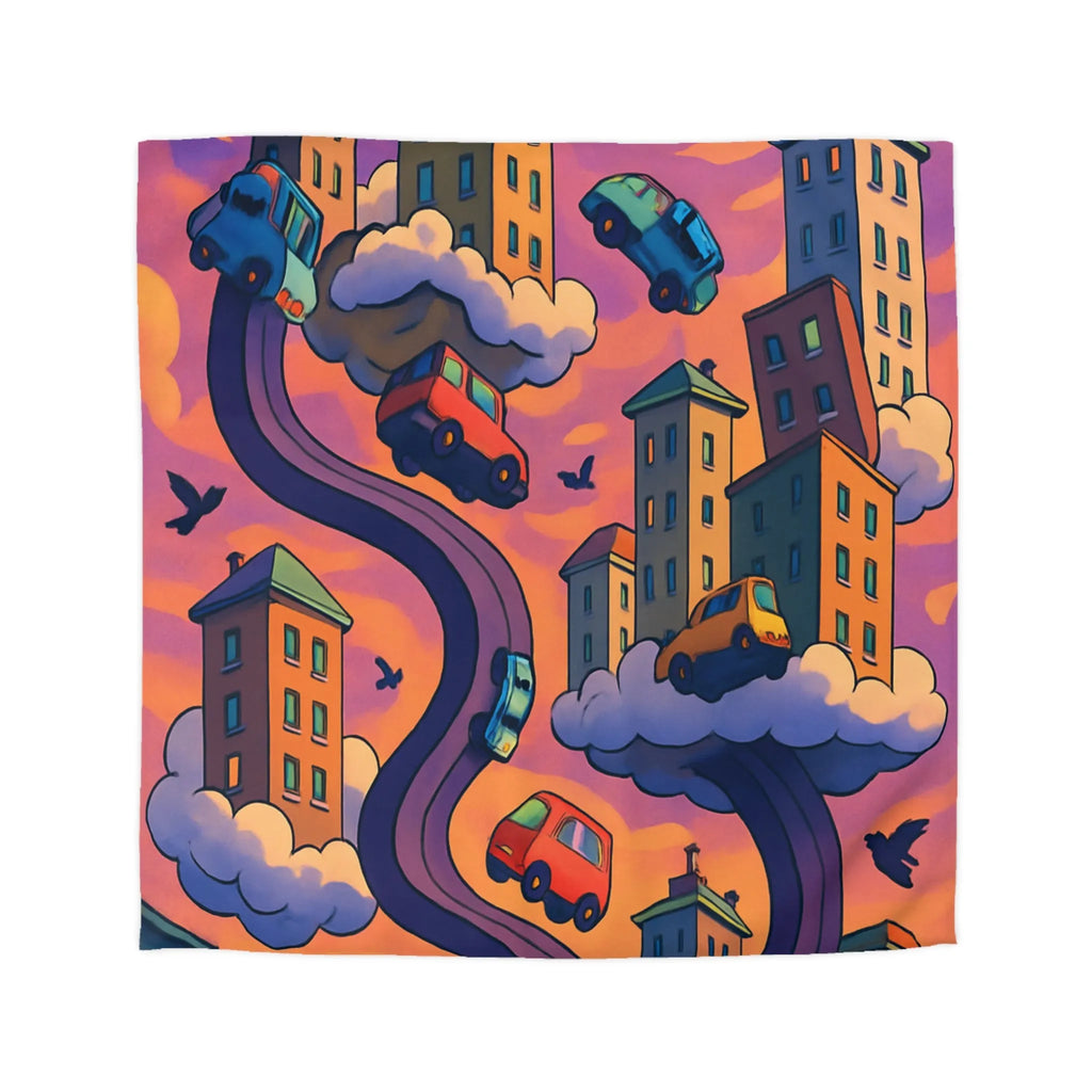 Housse de couette artistique avec voitures volantes et gratte-ciels à l'aube colorée