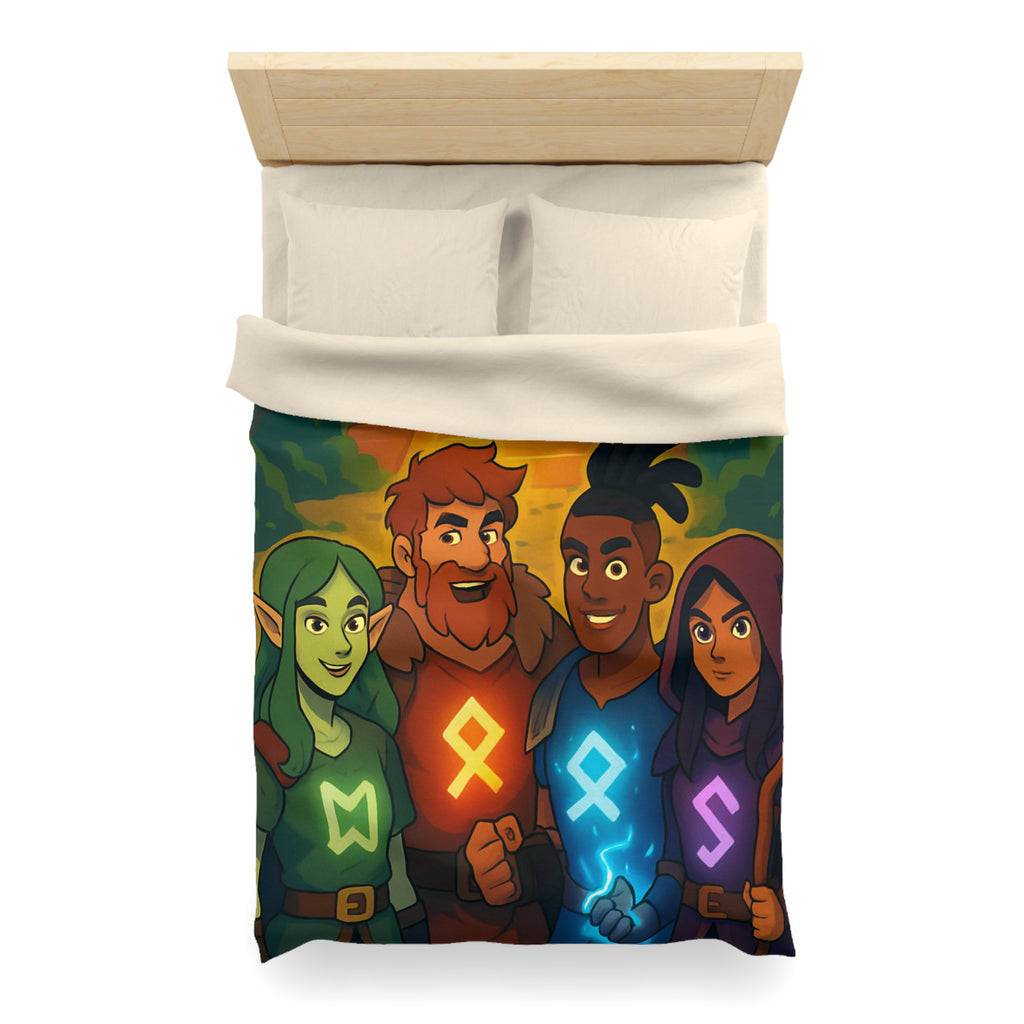 Housse de couette vibrant avec aventure illustrée de quatre héros devant un ancien temple