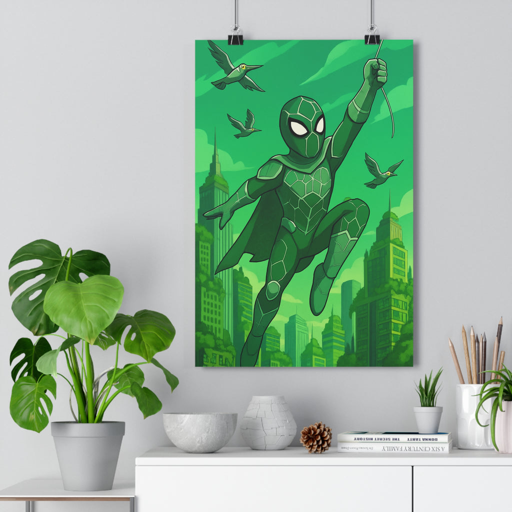 Poster décoratif vert superhéros cartoon futuriste écologique chambre bureau moderne aventure nature tonique 30x46