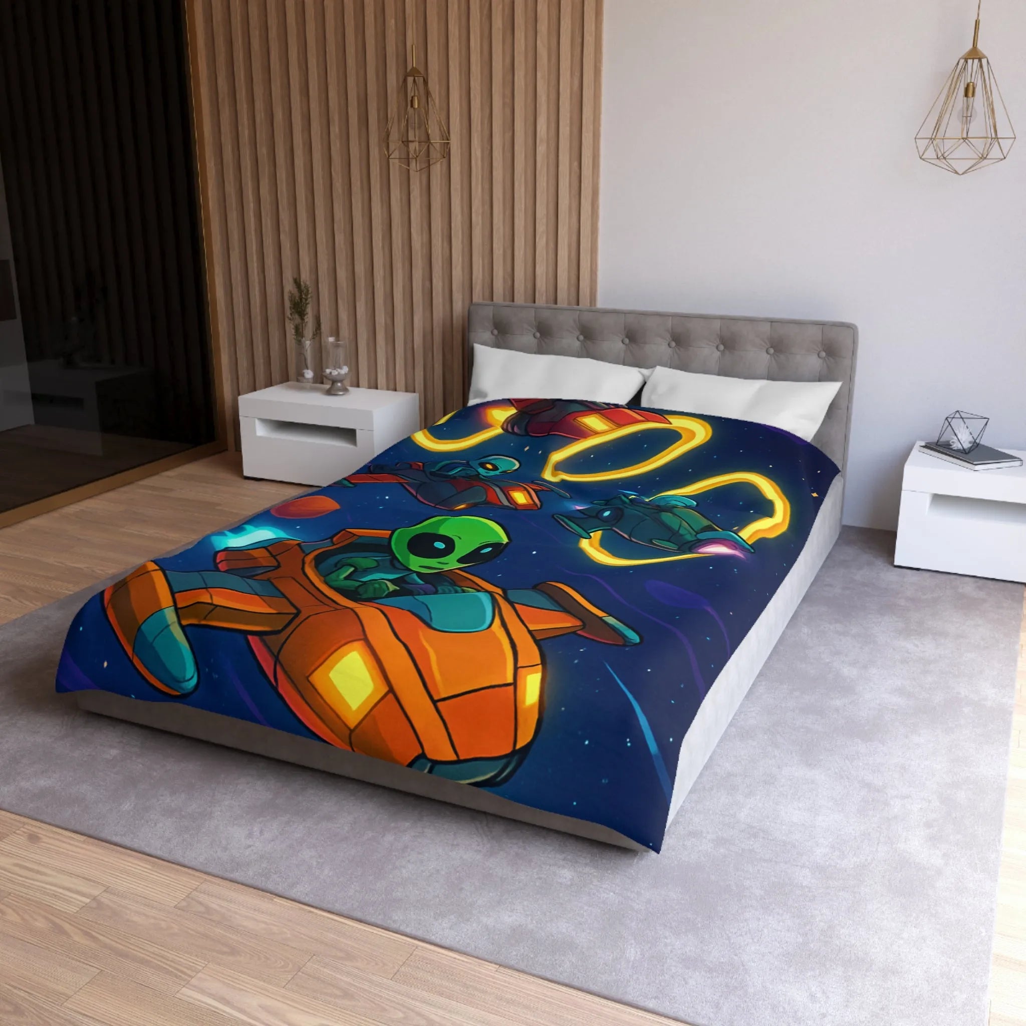 Housse de Couette avec Motifs d'Aliens en Course Spatiale et Anneaux Lumineux