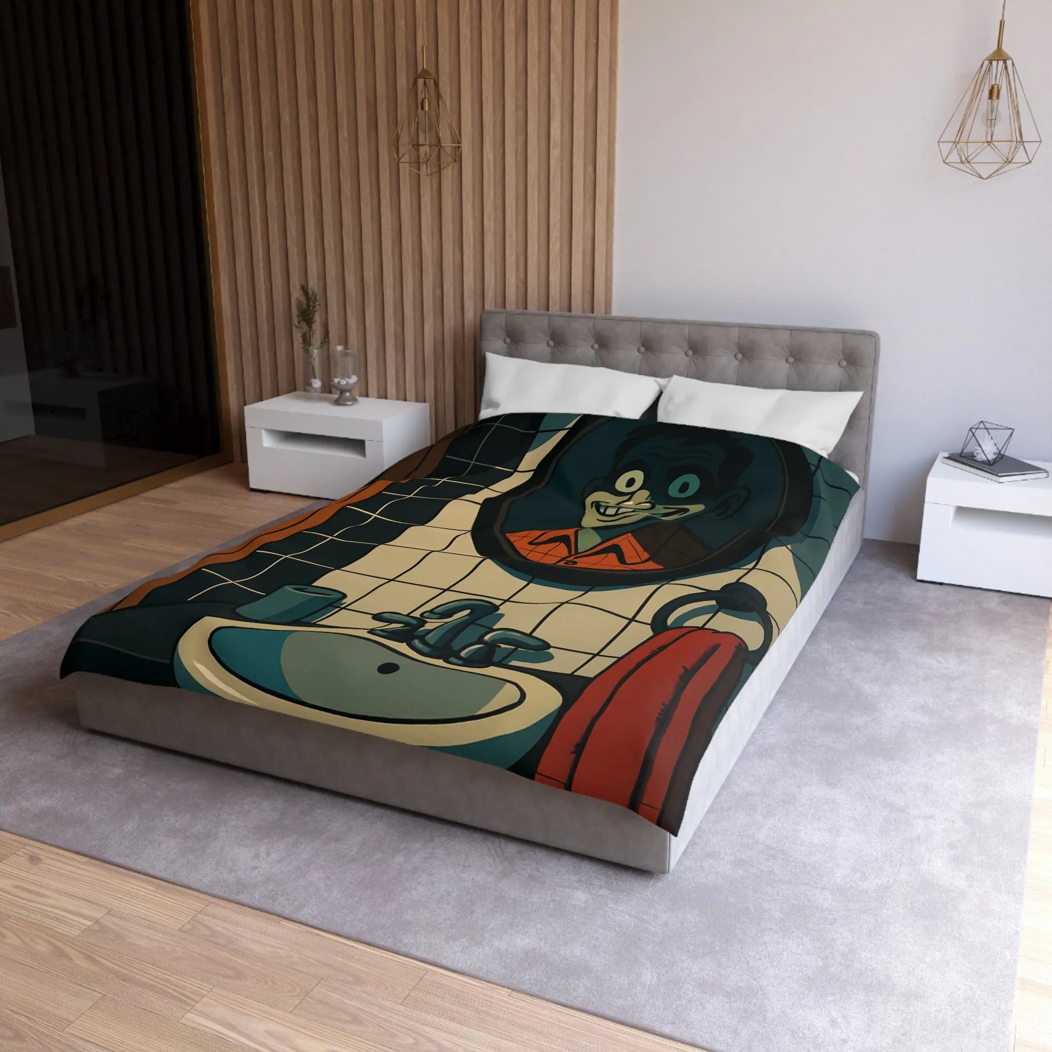 Housse de couette graphique avec dessin animé miroir effrayant et carreaux de salle de bain