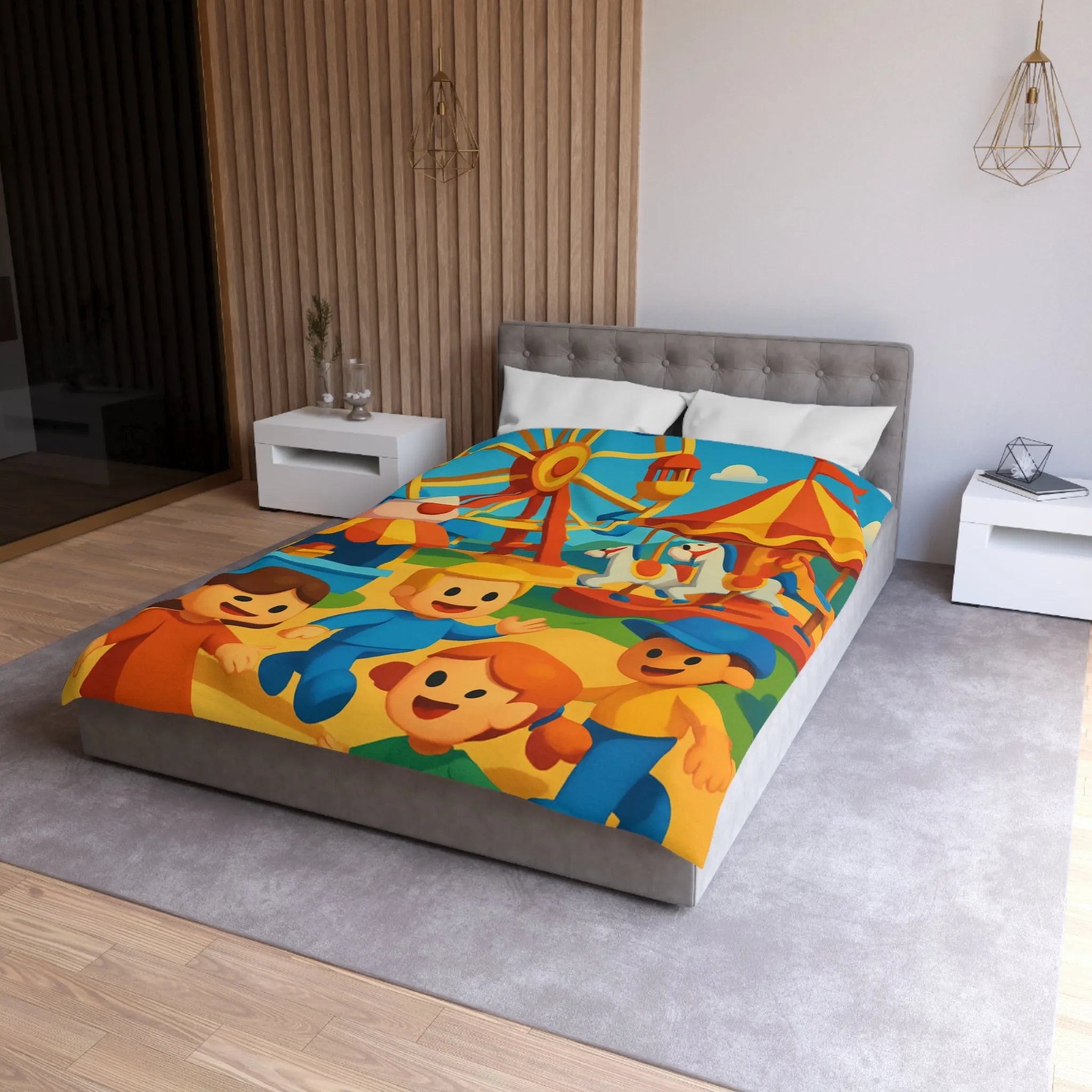 Housse de couette joyeuse avec motifs de fête foraine colorée et enfants souriants