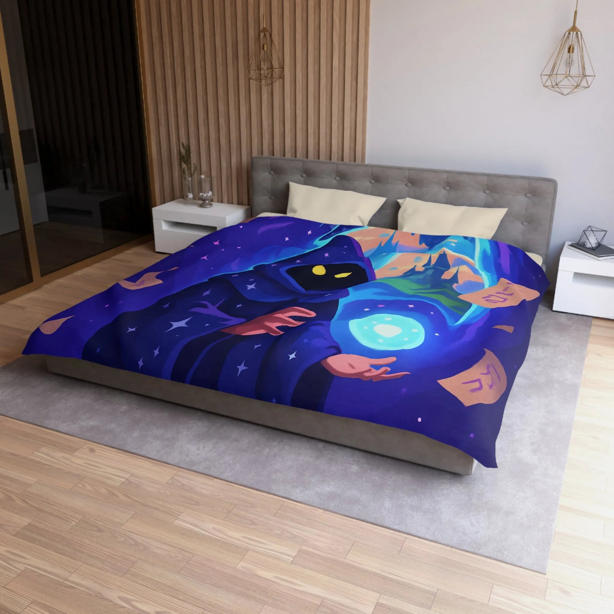 Housse de couette magique bleu nuit avec sorcier et château fantastique étoilé mystérieux