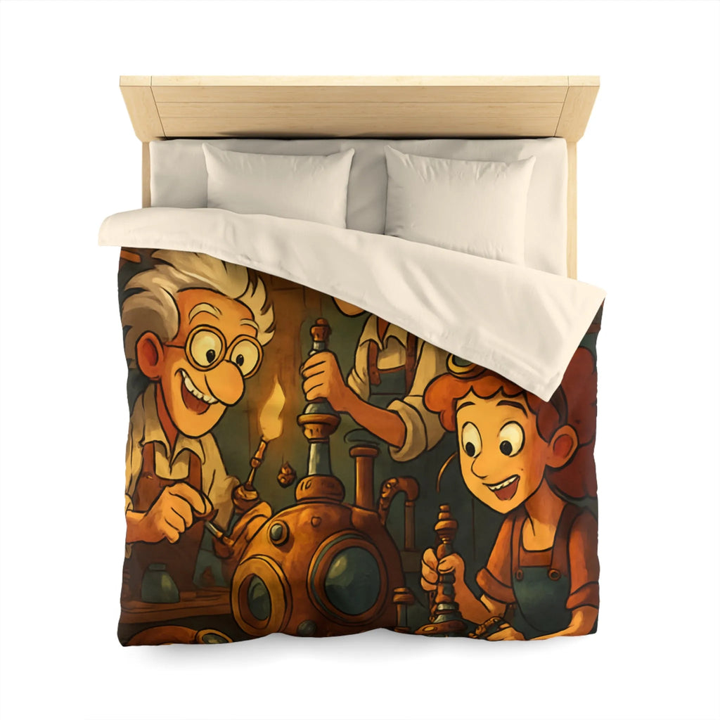 Housse de couette illustrée steampunk avec personnages inventeurs et machines dans atelier