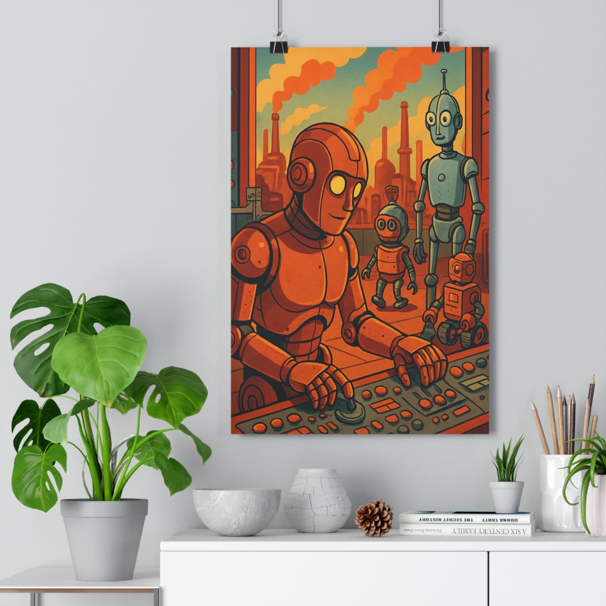 Poster décoratif cartoon industriel orange bleu robots moderne chambre salon enfants unique tendance vibrant