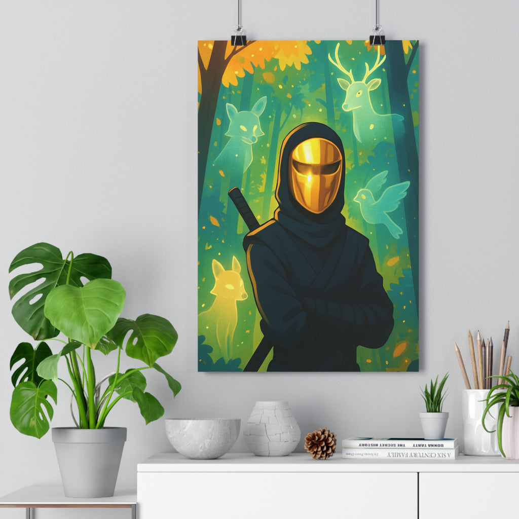 Poster décoratif ninja forêt mystique vert jaune surréaliste anime chambre salon 30x46 cm ambiance