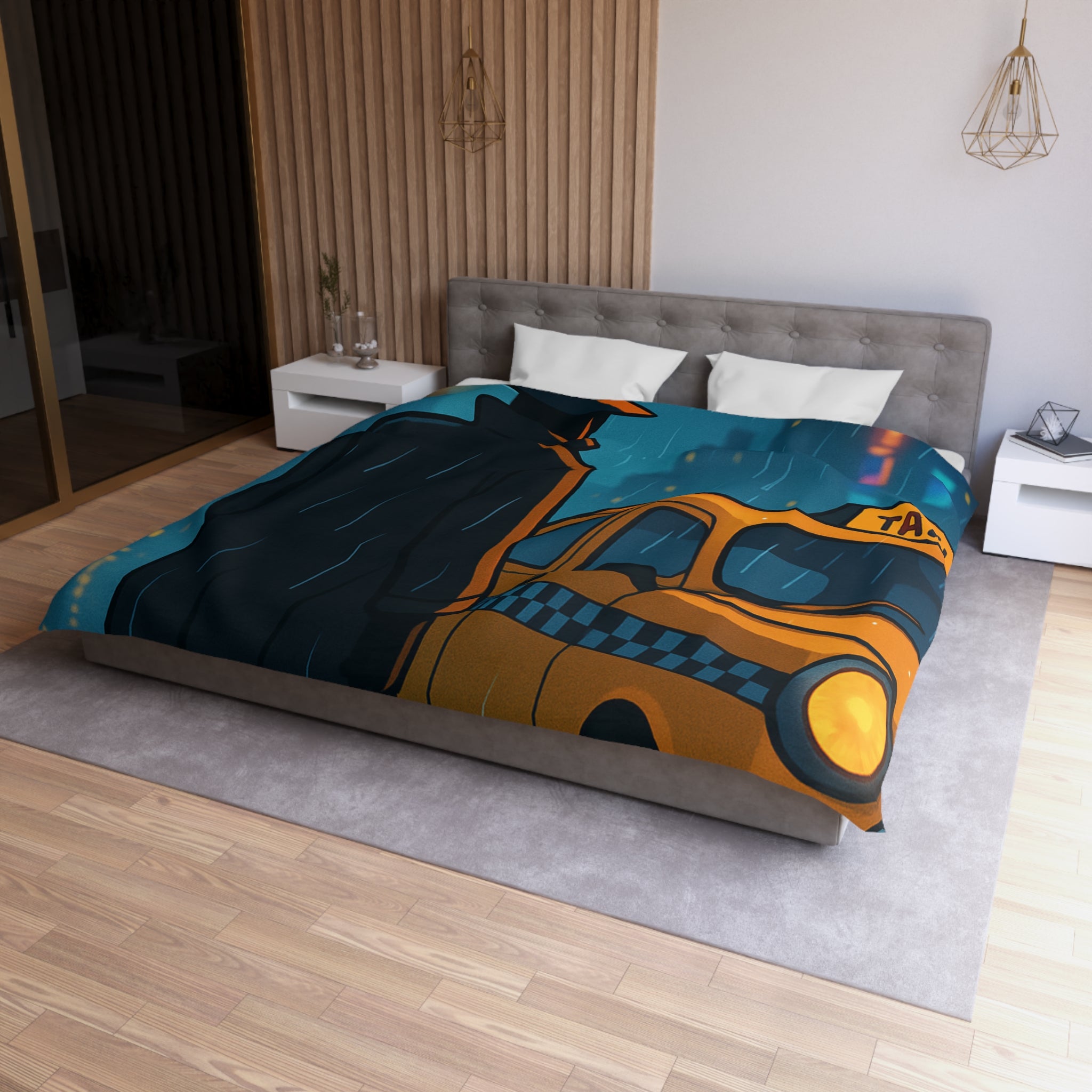 Mystérieux Homme En Imper Parapluie Noir Attendant Taxi Jaune Sous Pluie Urbaine Nocturne