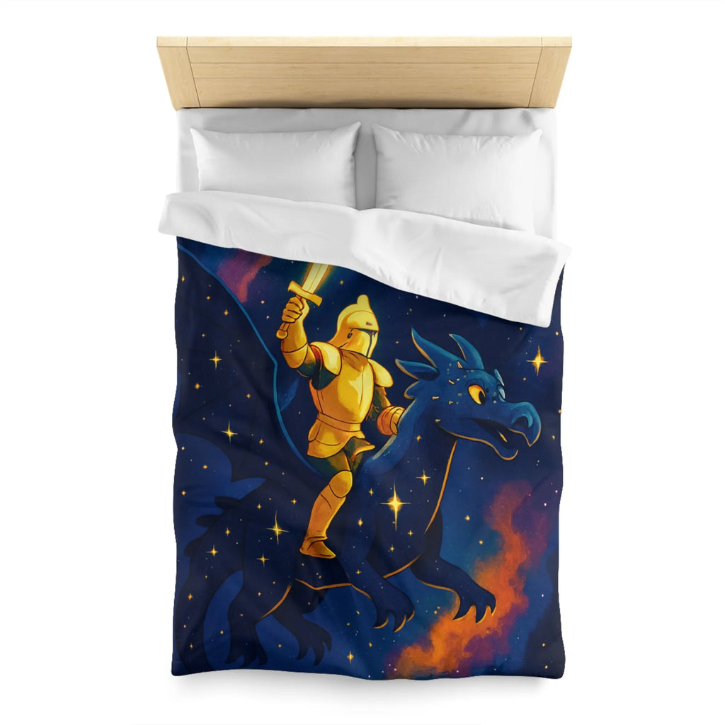 Housse de couette avec chevalier et dragon volant sous étoiles et château magique