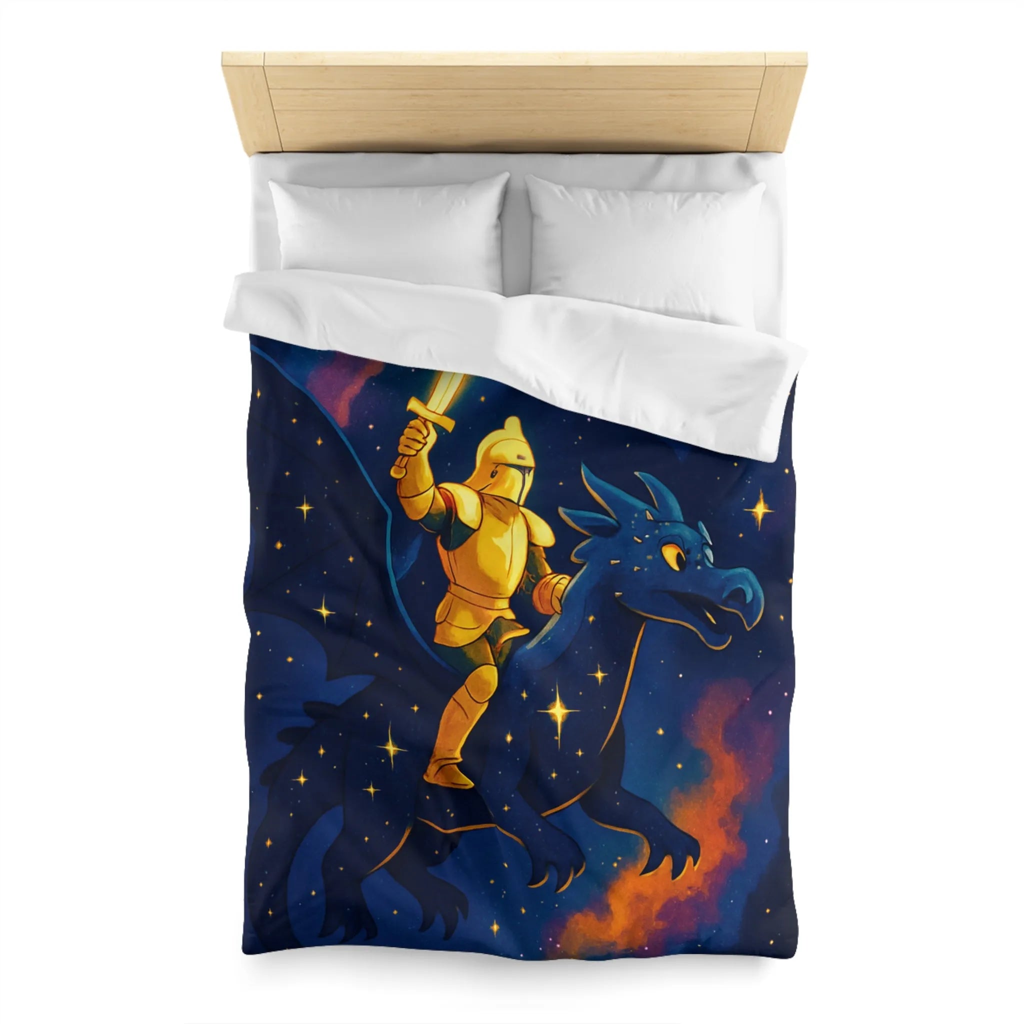 Housse de couette avec chevalier et dragon volant sous étoiles et château magique