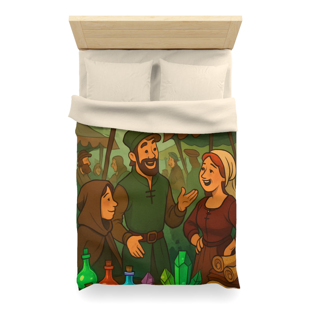 Housse de couette thème médiéval avec château, marché animé et potions colorées