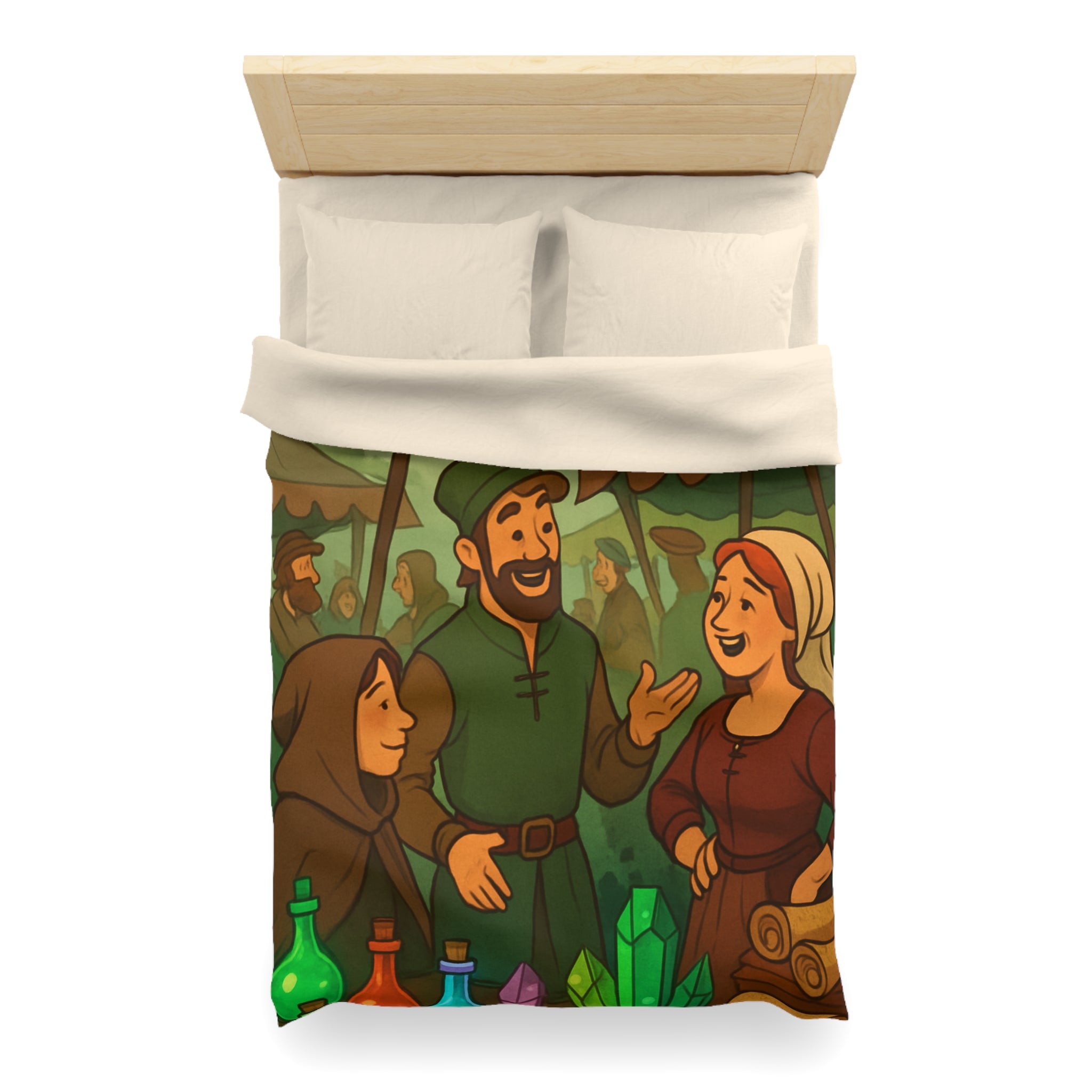 Housse de couette thème médiéval avec château, marché animé et potions colorées