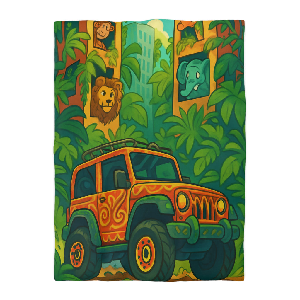 Housse de couette vibrante jungle aventure avec animaux et véhicule tout-terrain colorés