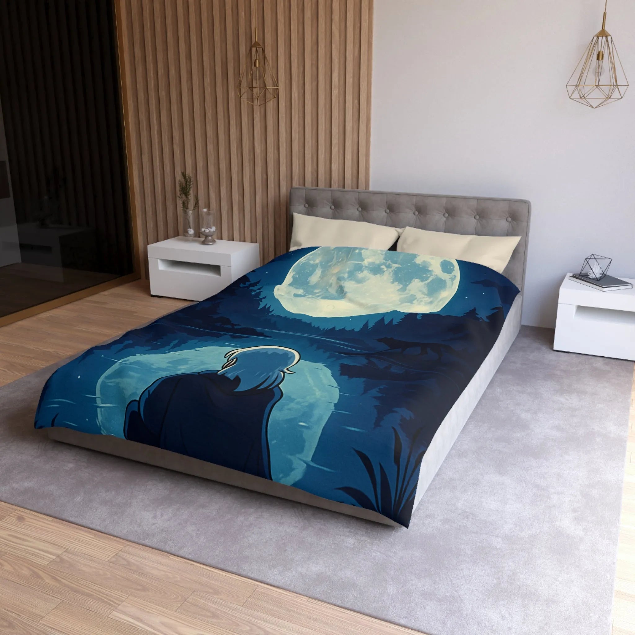 Envoûtante Housse de Couette Nocturne avec Pleine Lune Mystérieuse et Silhouette d'Arbres