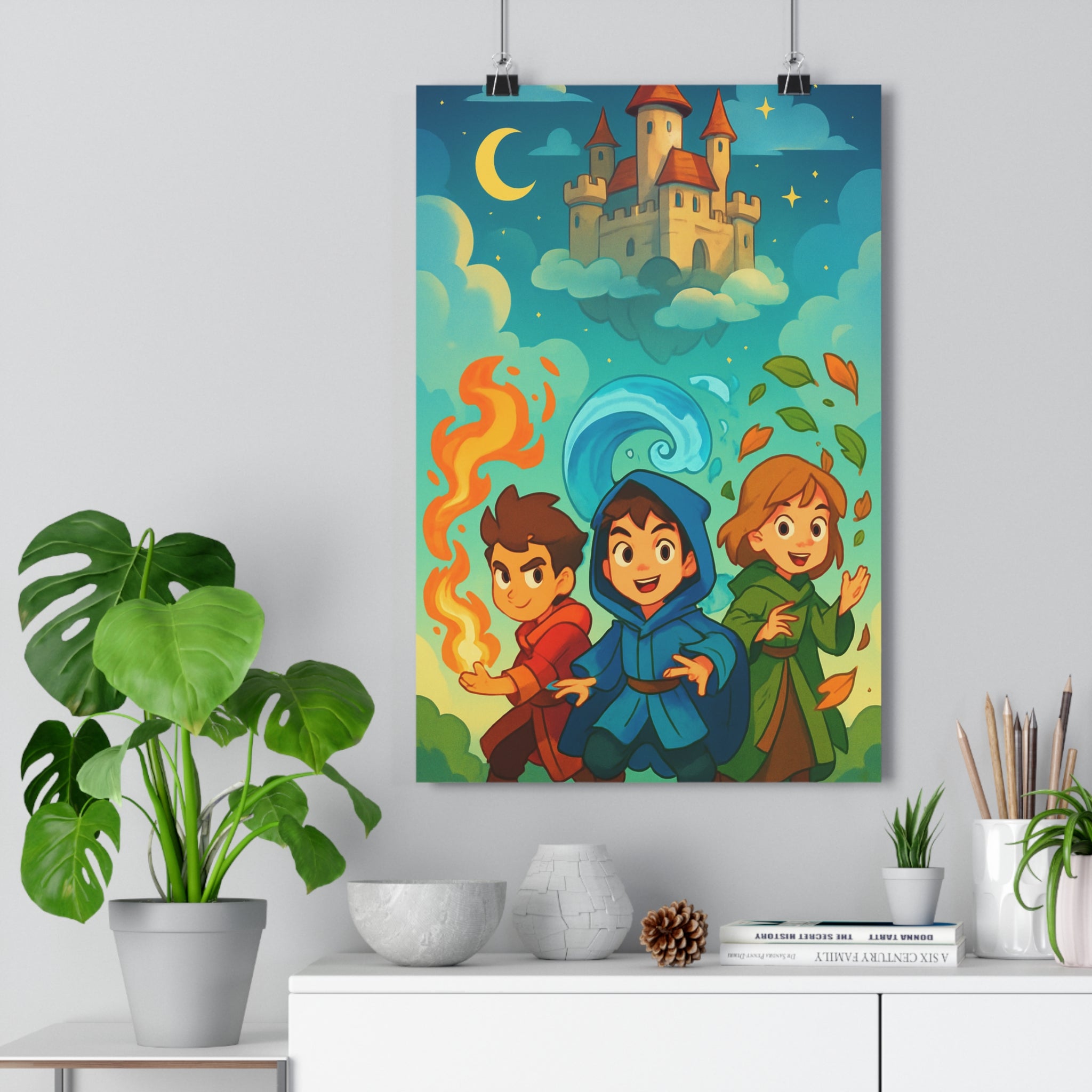 Poster décoratif magique dessin animé rouge bleu vert chambre enfant enchanté mystique céleste ambiance