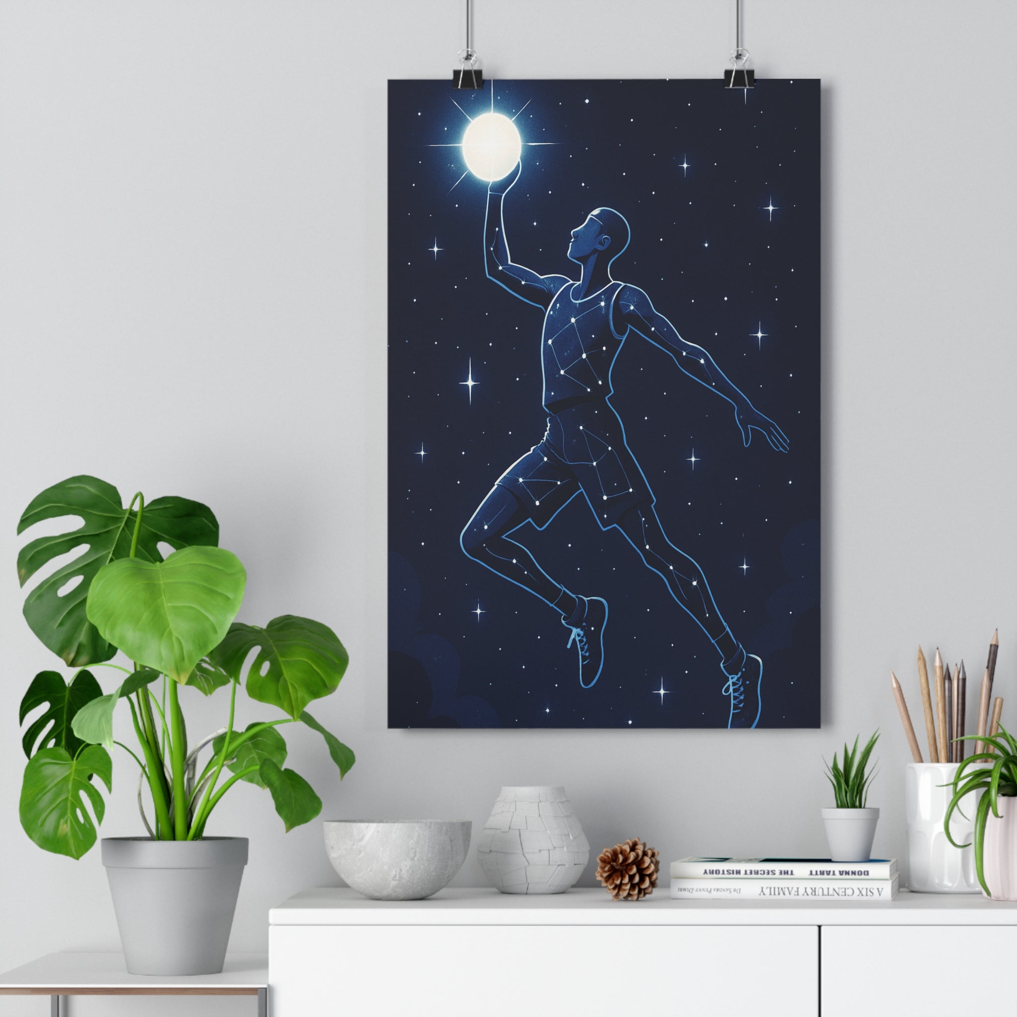 Poster décoratif basketball cartoon bleu nuit blanc éclatant sport athlétique chambre salon moderne mystique