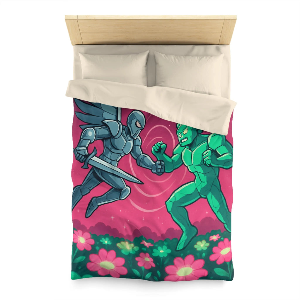 Housse de couette illustrée super-héros ailé avec scène de combat cosmique floral coloré