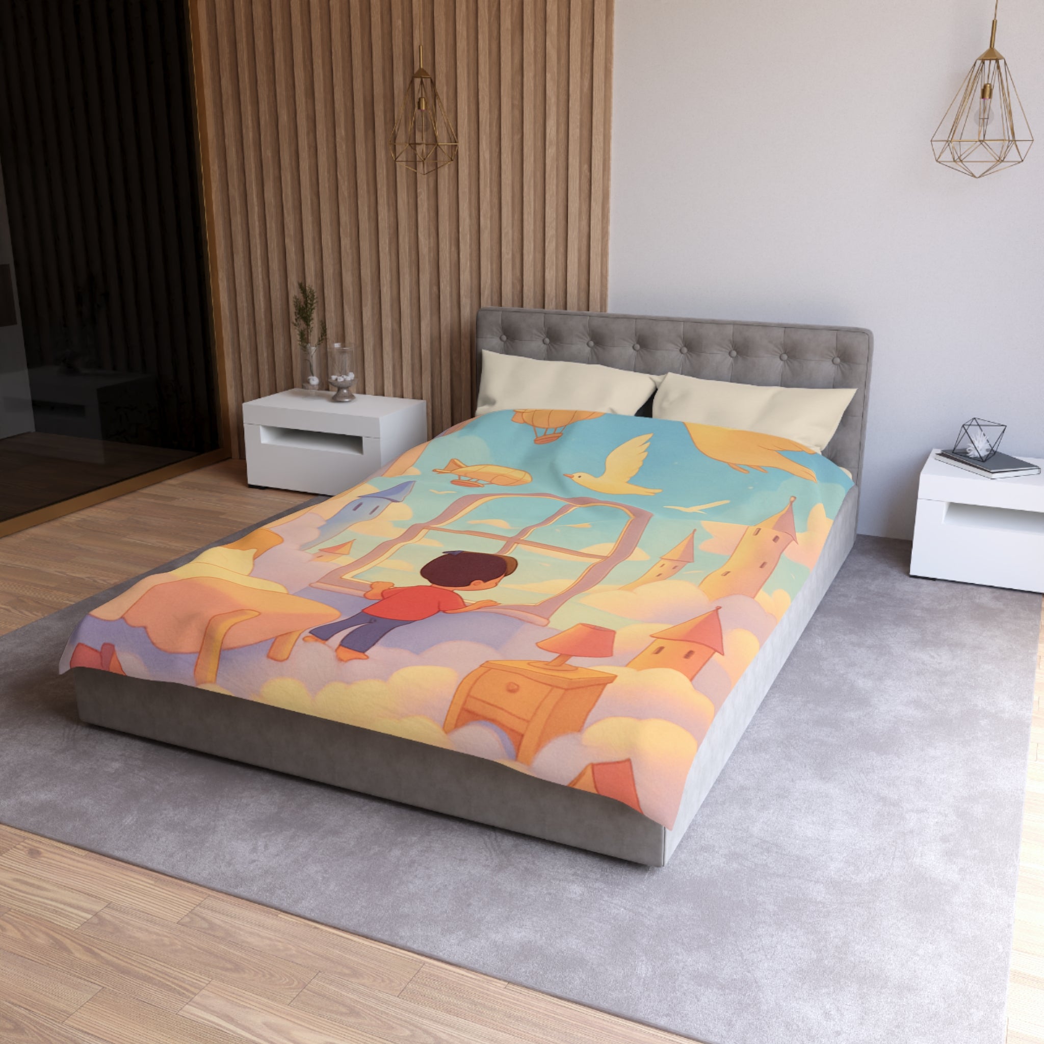 Housse de couette rêveuse enfantine avec nuages, dirigeables et oiseaux volants paisibles