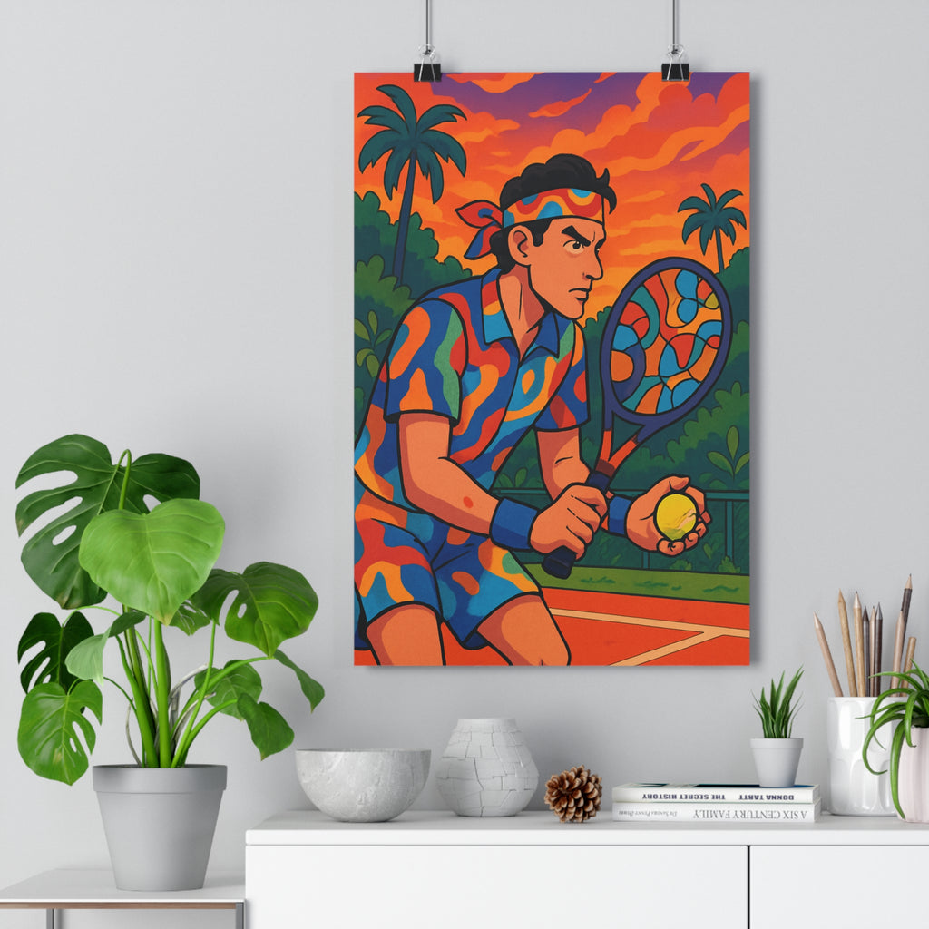Poster décoratif dynamique anime tennis orange bleu vert chambre enfant vibrant artistique sportif ambiance