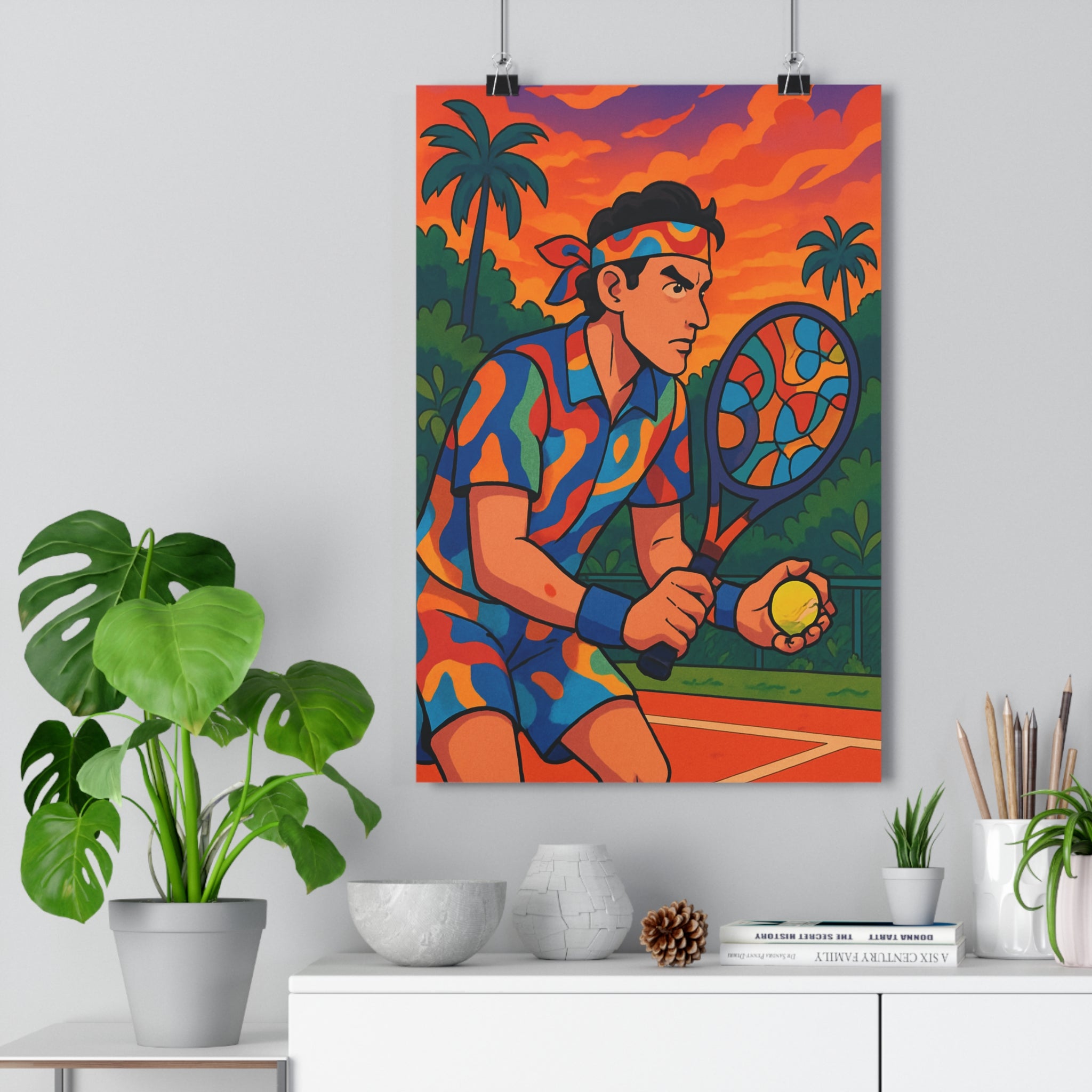 Poster décoratif dynamique anime tennis orange bleu vert chambre enfant vibrant artistique sportif ambiance