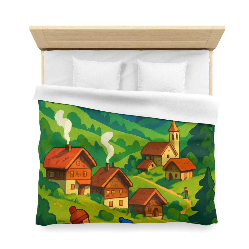 Housse de Couette Montagne avec Aventureurs, Chalets et Paysage Montagnard Enneigé