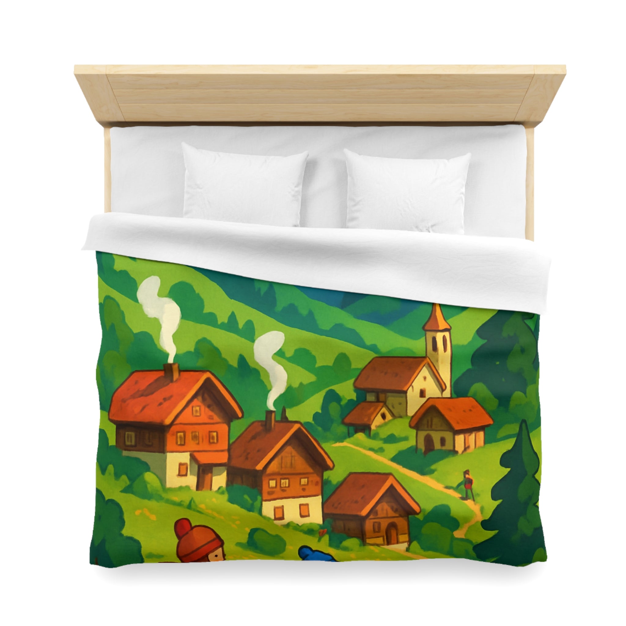 Housse de Couette Montagne avec Aventureurs, Chalets et Paysage Montagnard Enneigé