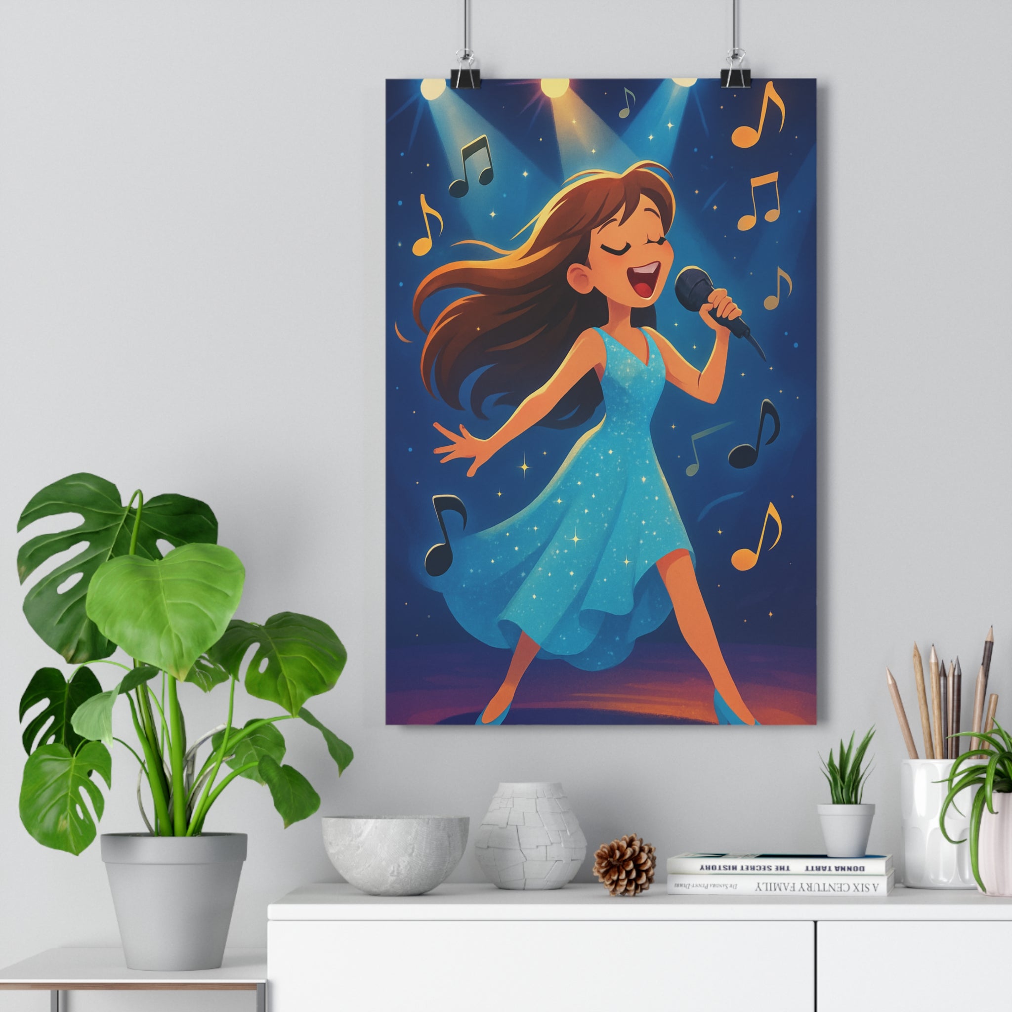 Poster décoratif dessin animé chanteuse bleu pastel joyeux musique chambre salon vibrant scène performance