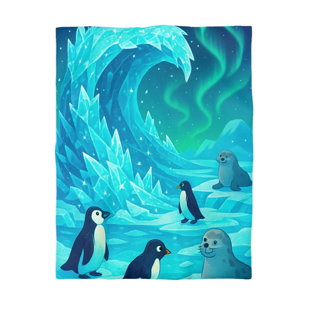 Housse de Couette avec Manchots et Phoques sous Aurore Boréale sur Glace Étincelante