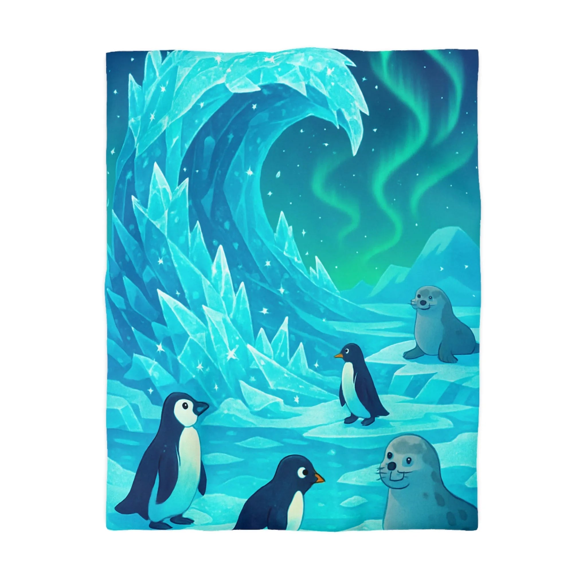Housse de Couette avec Manchots et Phoques sous Aurore Boréale sur Glace Étincelante