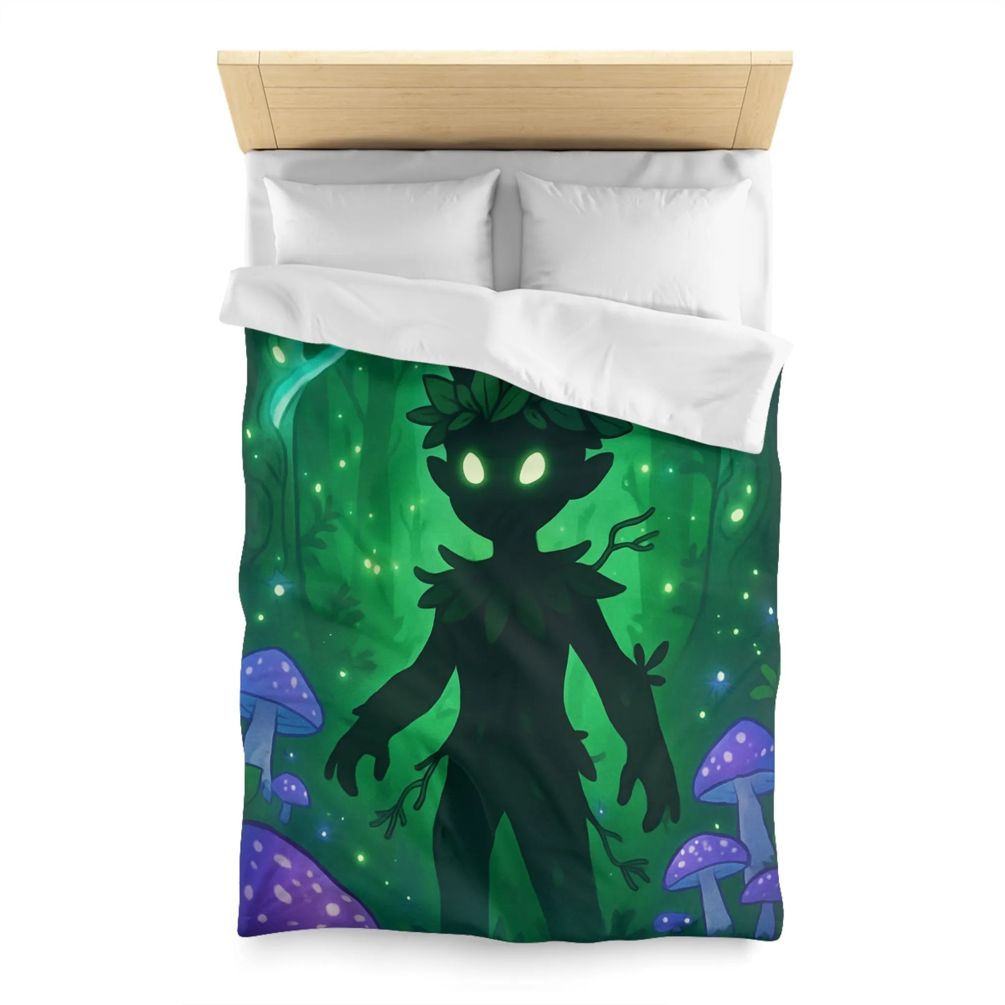 Housse de couette féerique avec créature forestière et champignons lumineux dans la nuit