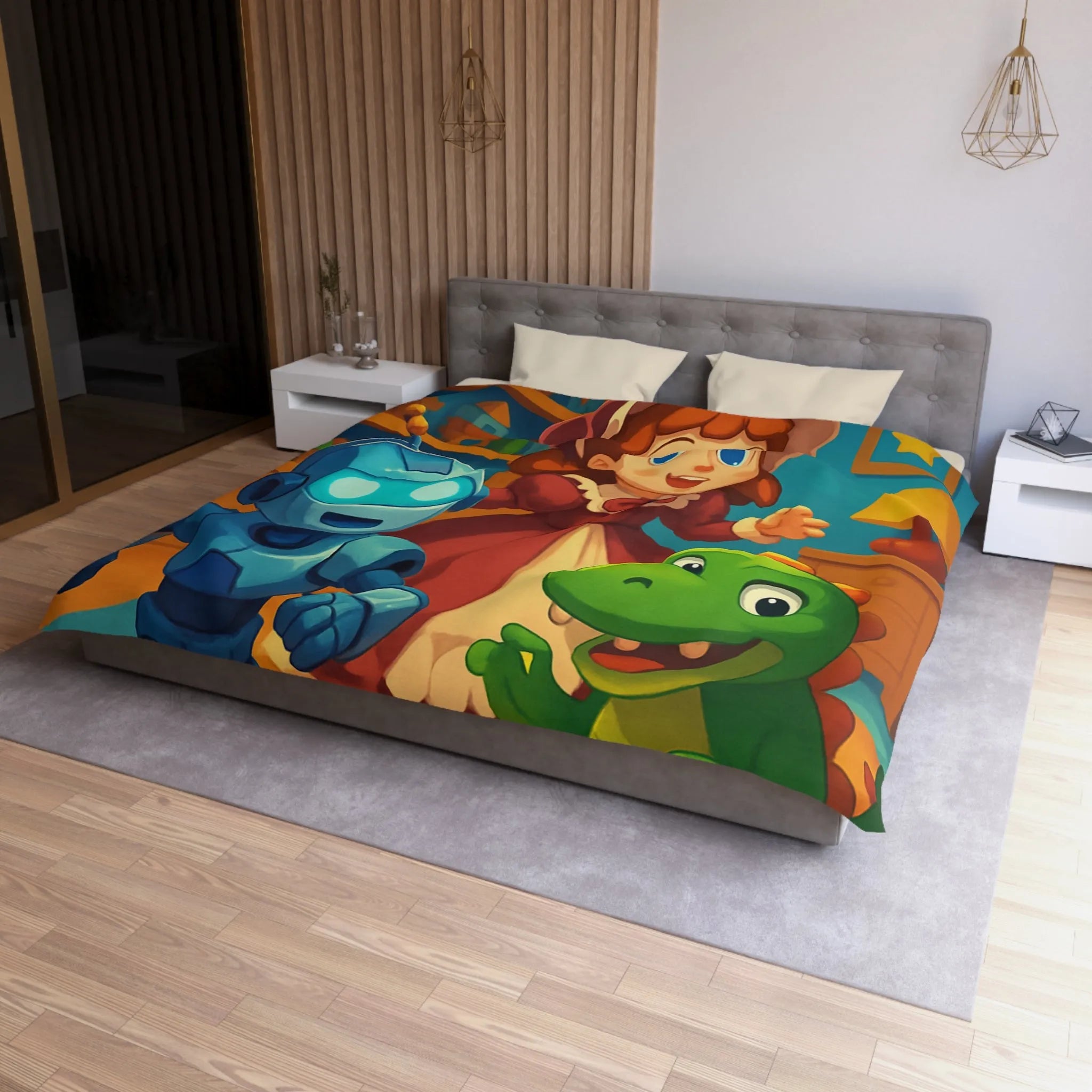 Housse de couette colorée avec robot, dinosaure et poupée en chambre enfantine