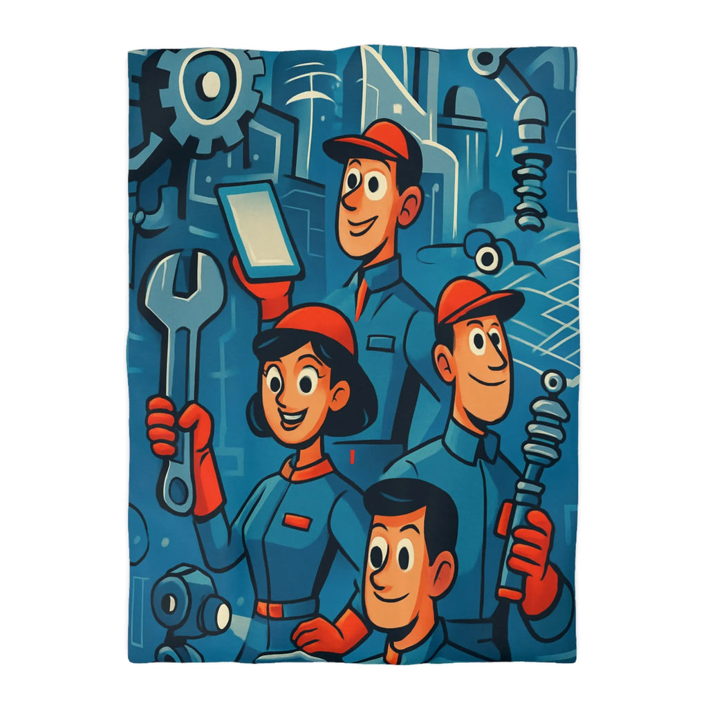 Housse de Couette Industrielle avec Équipe de Travail Souriante dans Tonalités Bleues et Rouges