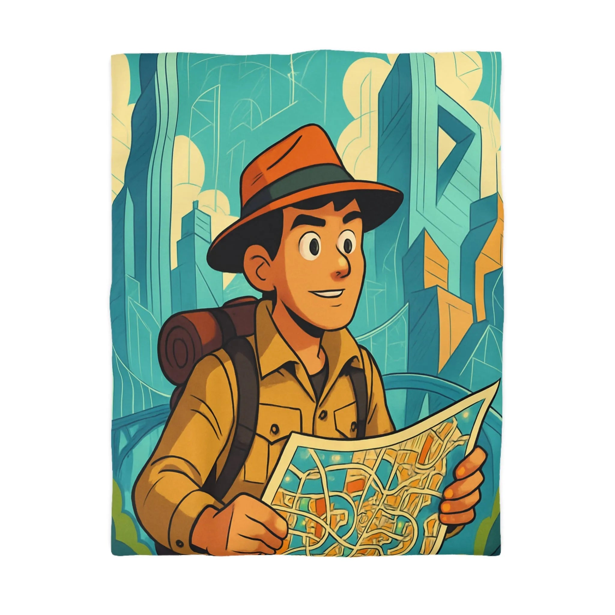 Découverte urbaine vibrante : jeune explorateur avec carte et gratte-ciels illustrés