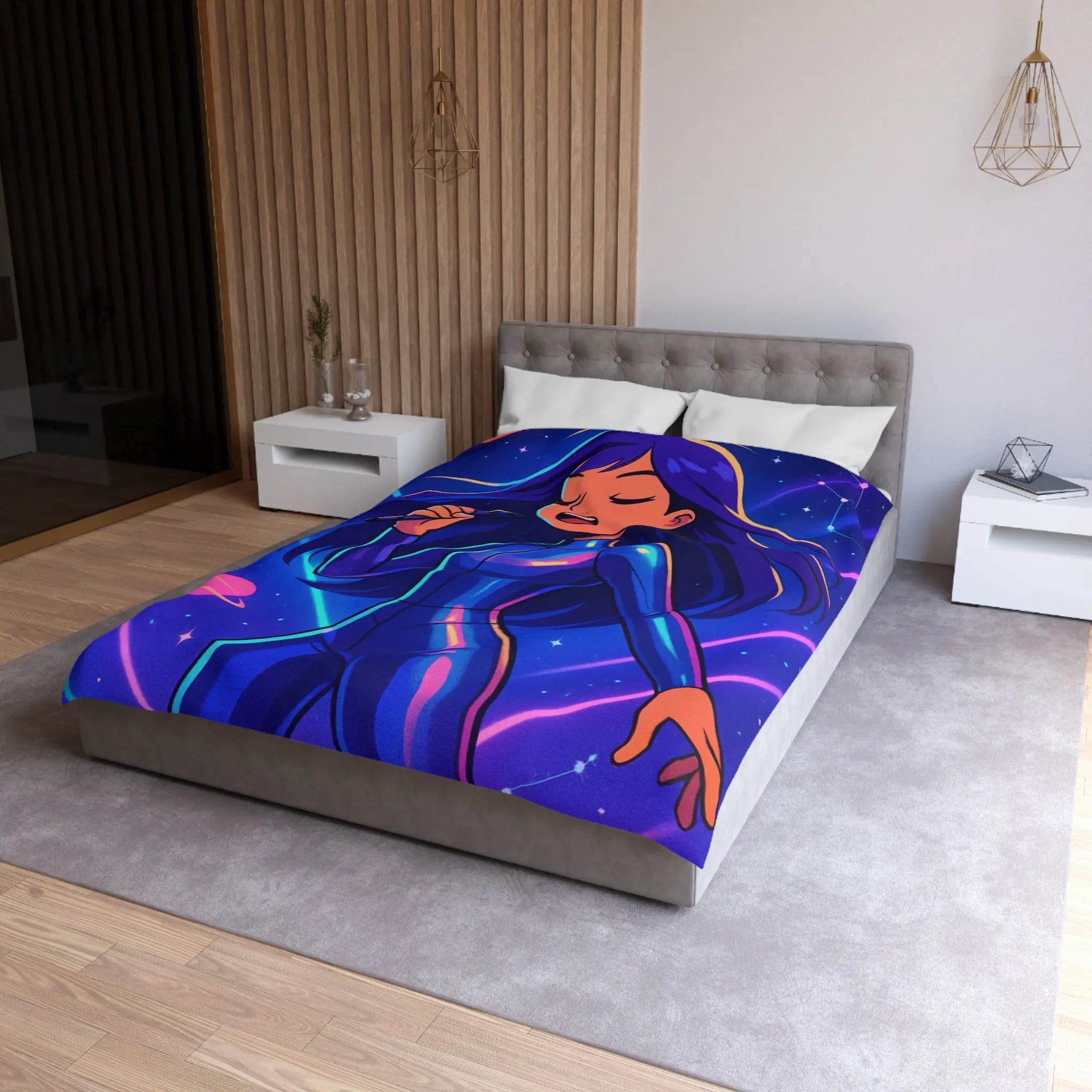 "Housse de couette galaxie: chanteuse en combinaison bleue avec planètes et étoiles brillantes"