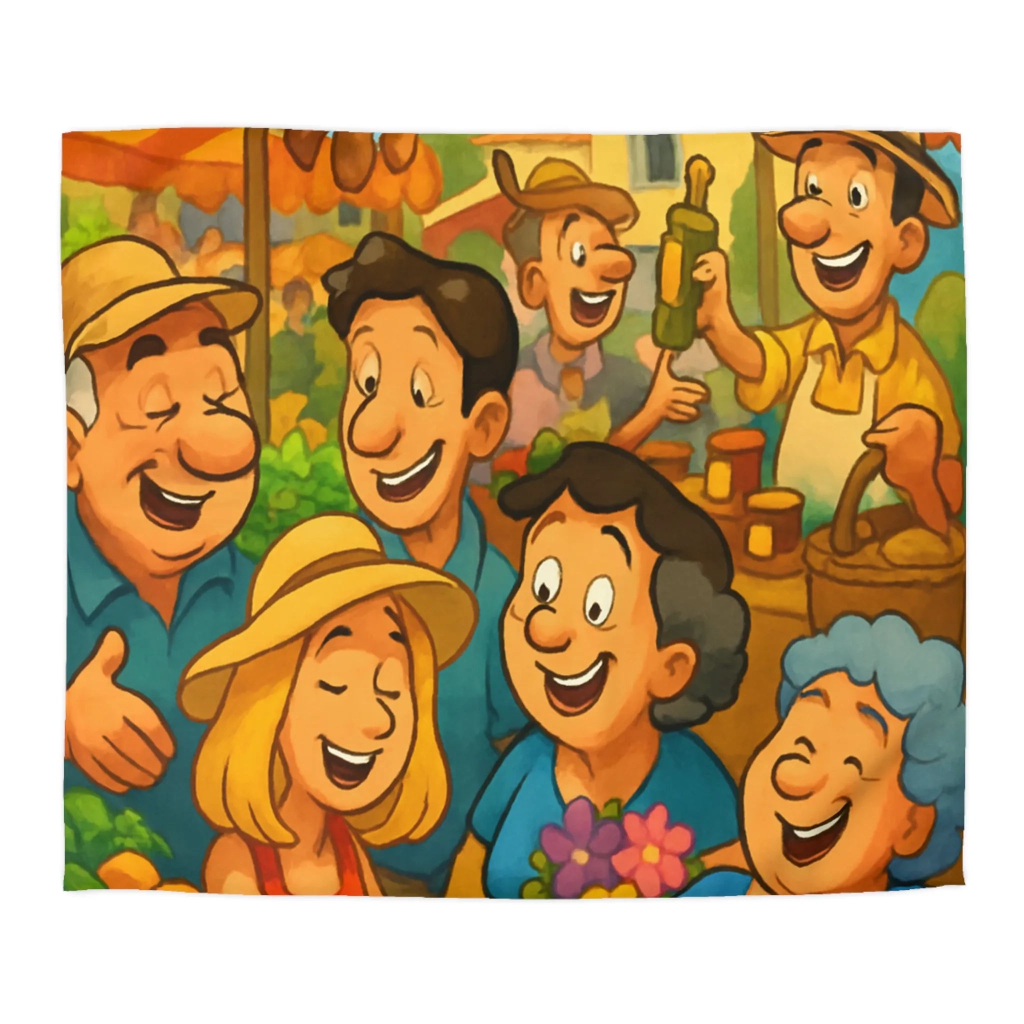 Housse de couette avec illustration joyeuse d'un marché animé et coloré